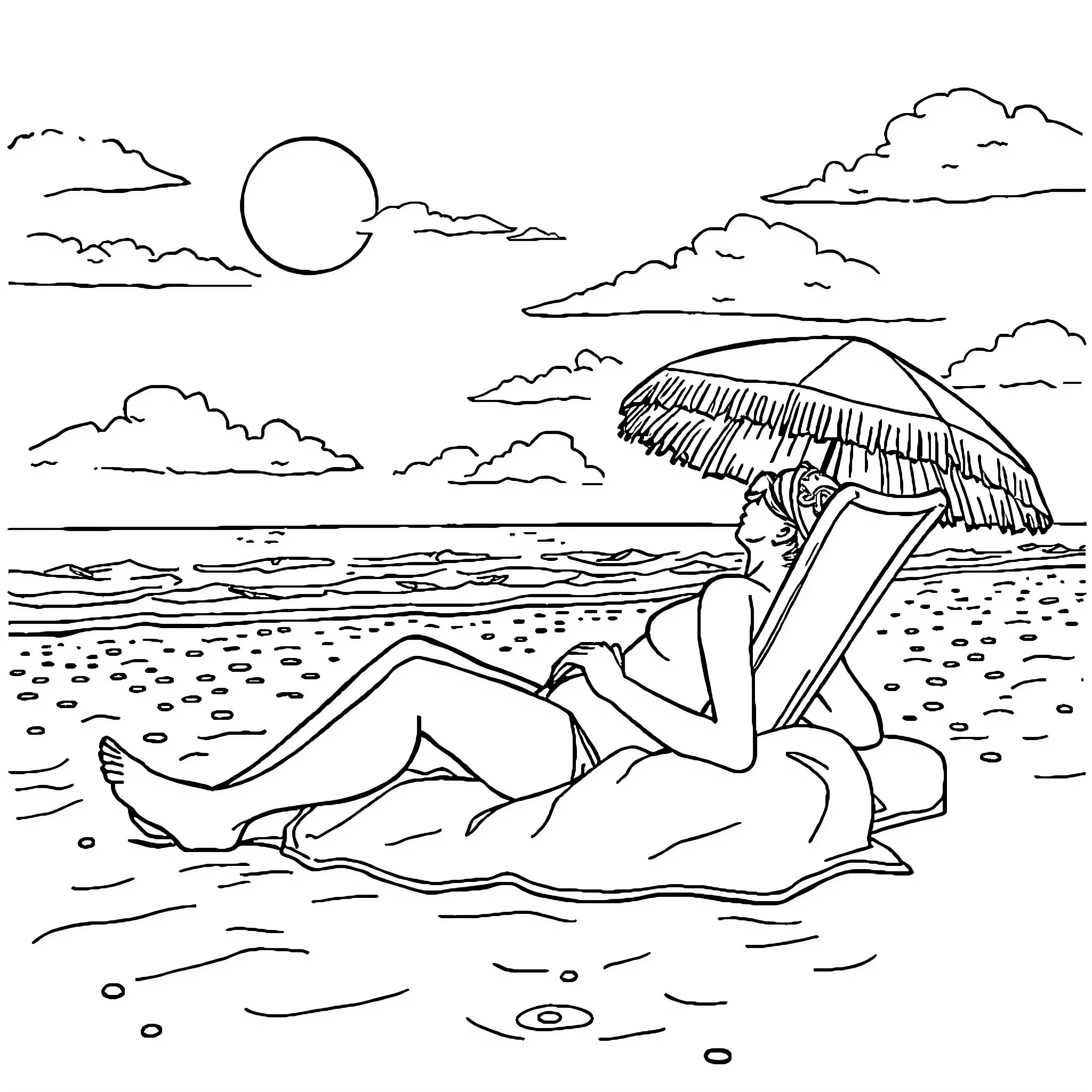 Street Artist Enjoys Sunset at the Beach Coloring Page (free black-and-white line drawing printable PDF for all, from beginners to advanced learners, including children, teens, adults, and seniors)