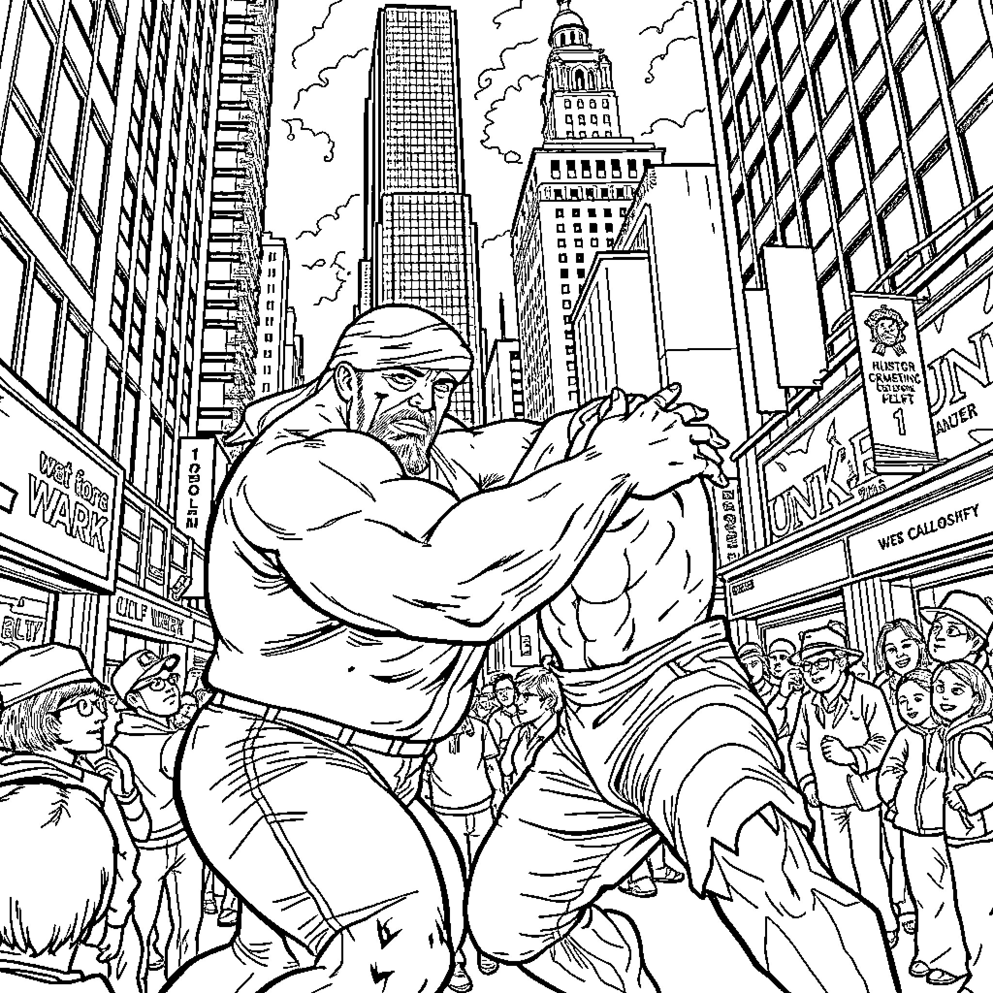 Hulk Hogan's Heroic Showdown in the City Skyline Coloring Page (free black-and-white line drawing printable PDF for all, from beginners to advanced learners, including children, teens, adults, and seniors)