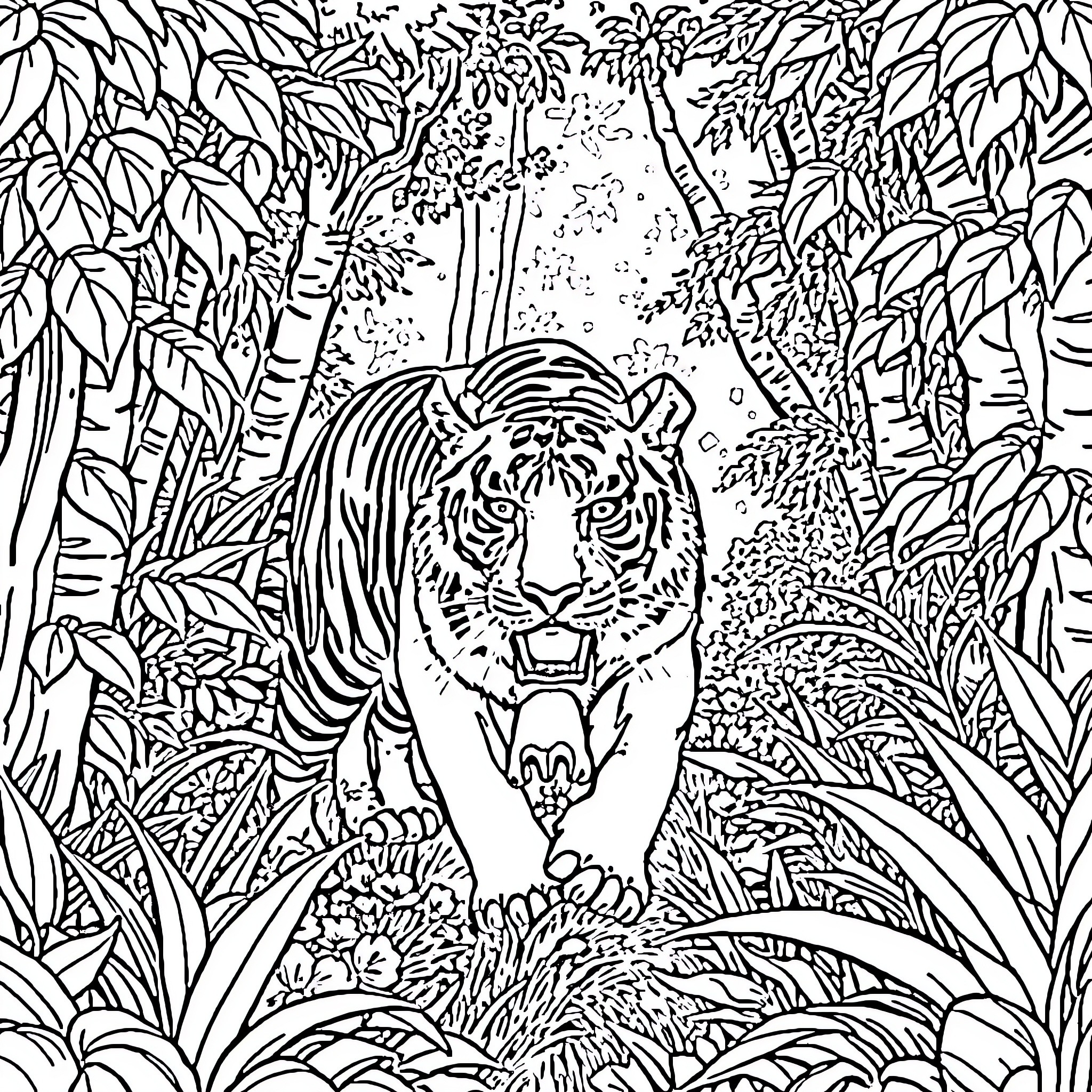 Tiger Stalking Through the Lush Jungle Coloring Page (free black-and-white line drawing printable PDF for all, from beginners to advanced learners, including children, teens, adults, and seniors)