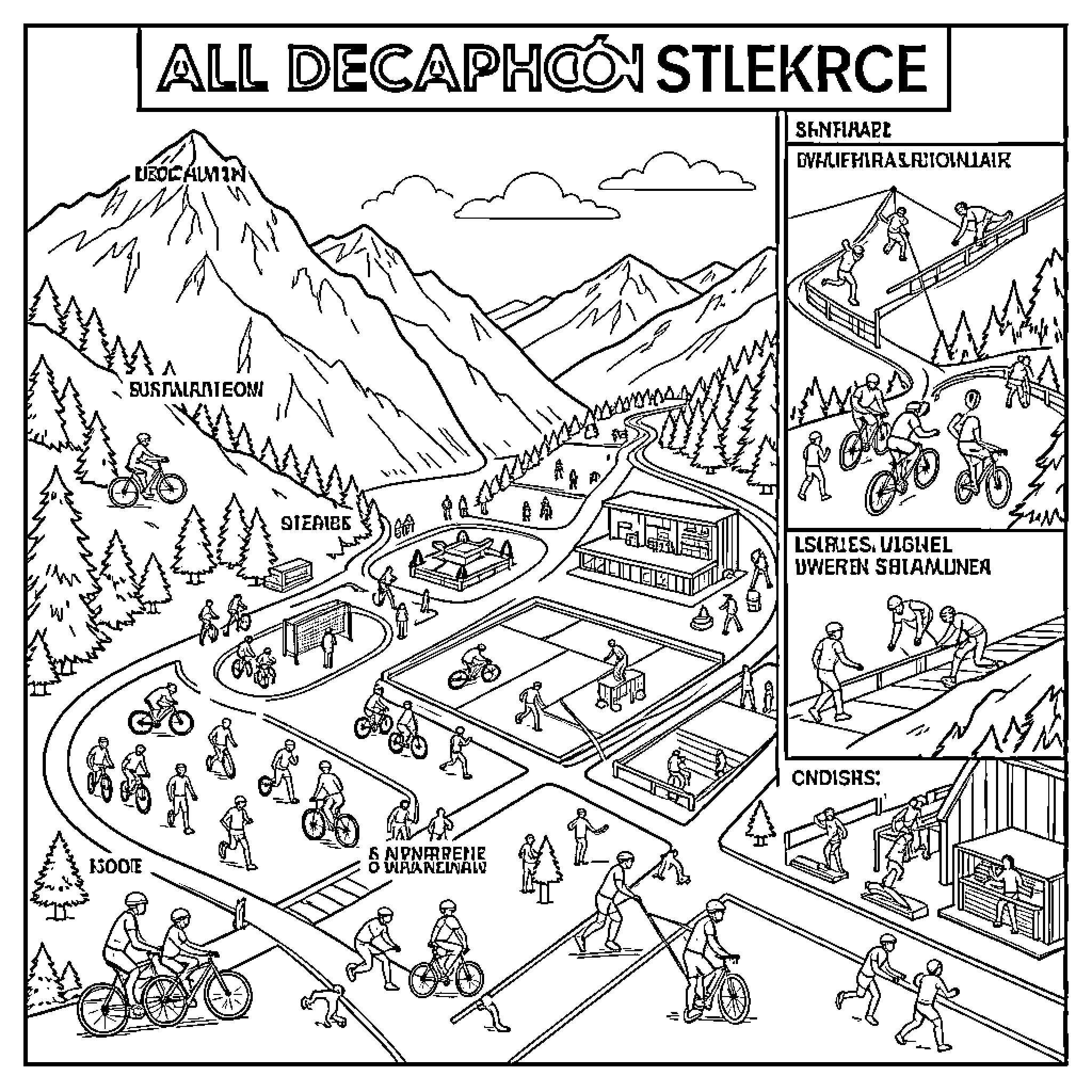 Decathlon athletes participating in various outdoor mountain sports Coloring Page (free black-and-white line drawing printable PDF for all, from beginners to advanced learners, including children, teens, adults, and seniors)