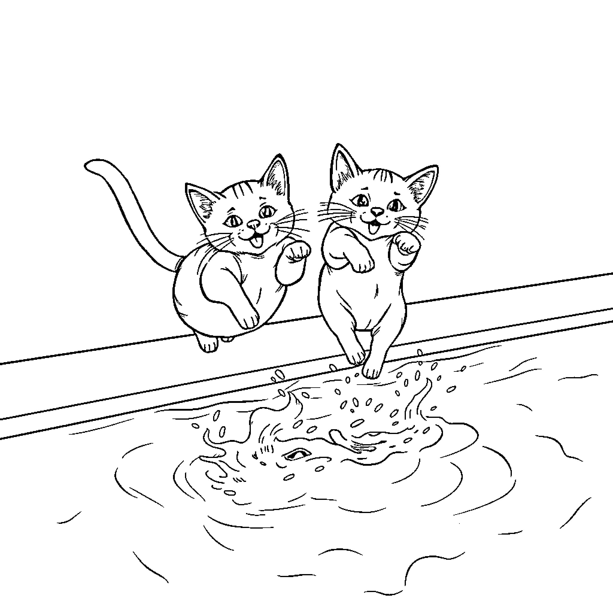 Cats playing in the water Coloring Page (free black-and-white line drawing printable PDF for all, from beginners to advanced learners, including children, teens, adults, and seniors)