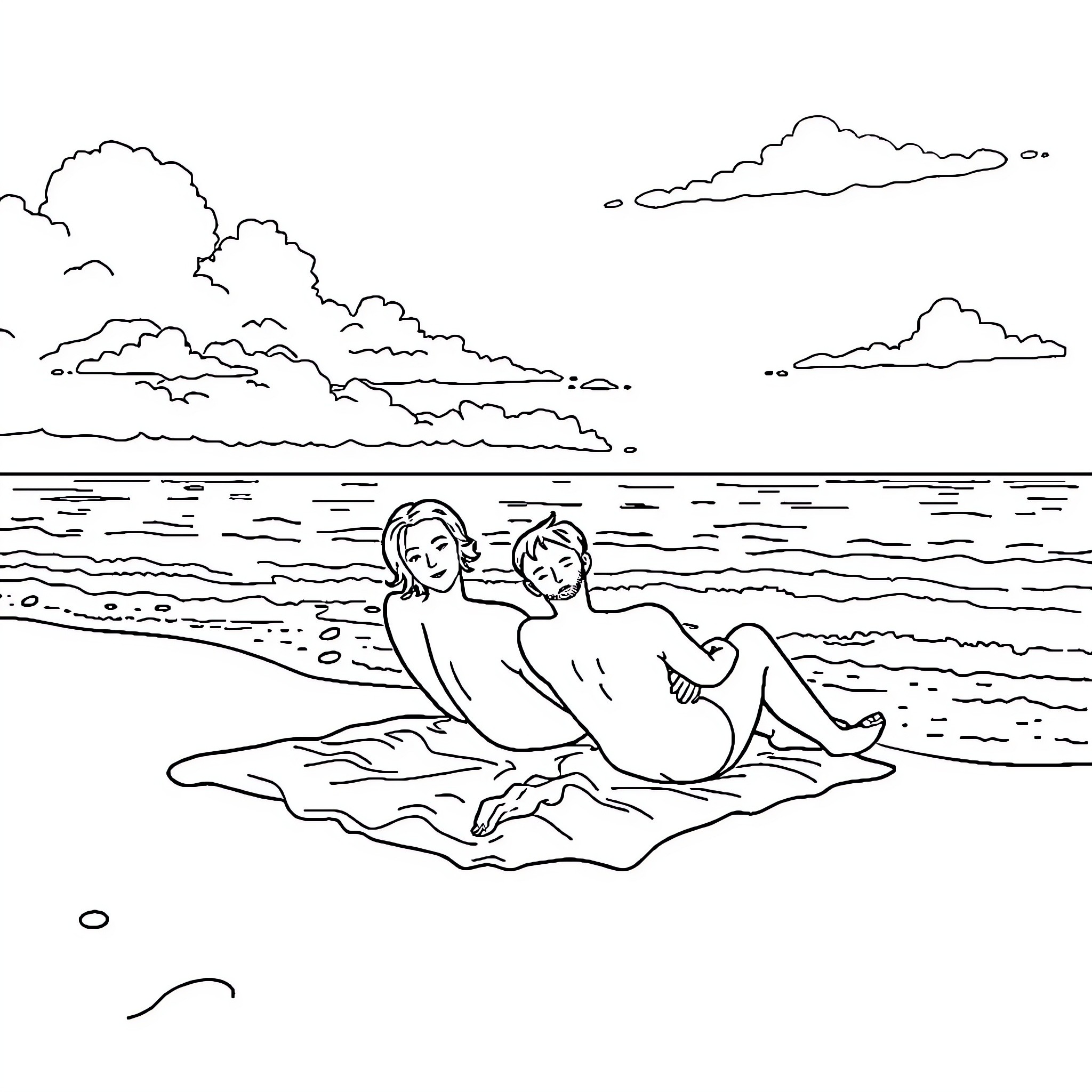 Couple relaxing on the beach together Coloring Page (free black-and-white line drawing printable PDF for all, from beginners to advanced learners, including children, teens, adults, and seniors)