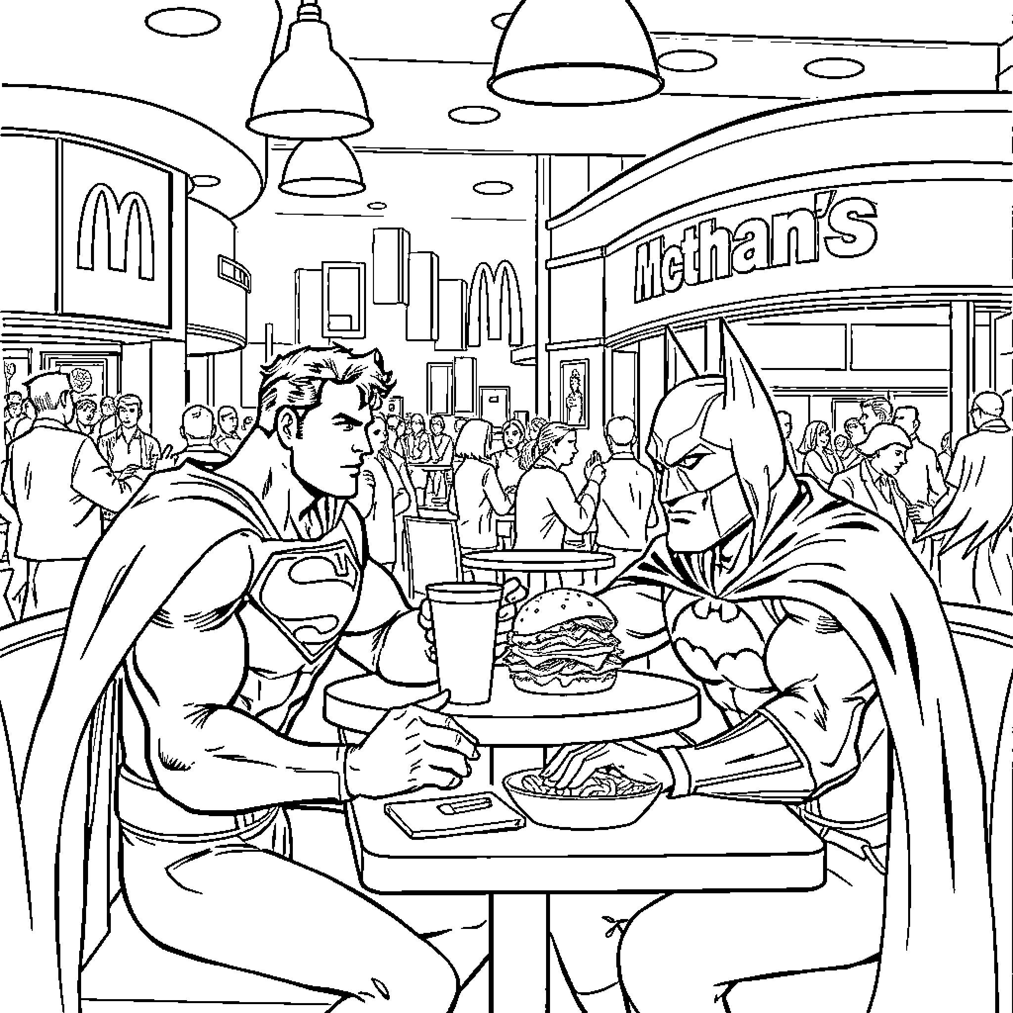 Superman and Batman enjoying a meal together in a crowded diner Coloring Page (free black-and-white line drawing printable PDF for all, from beginners to advanced learners, including children, teens, adults, and seniors)