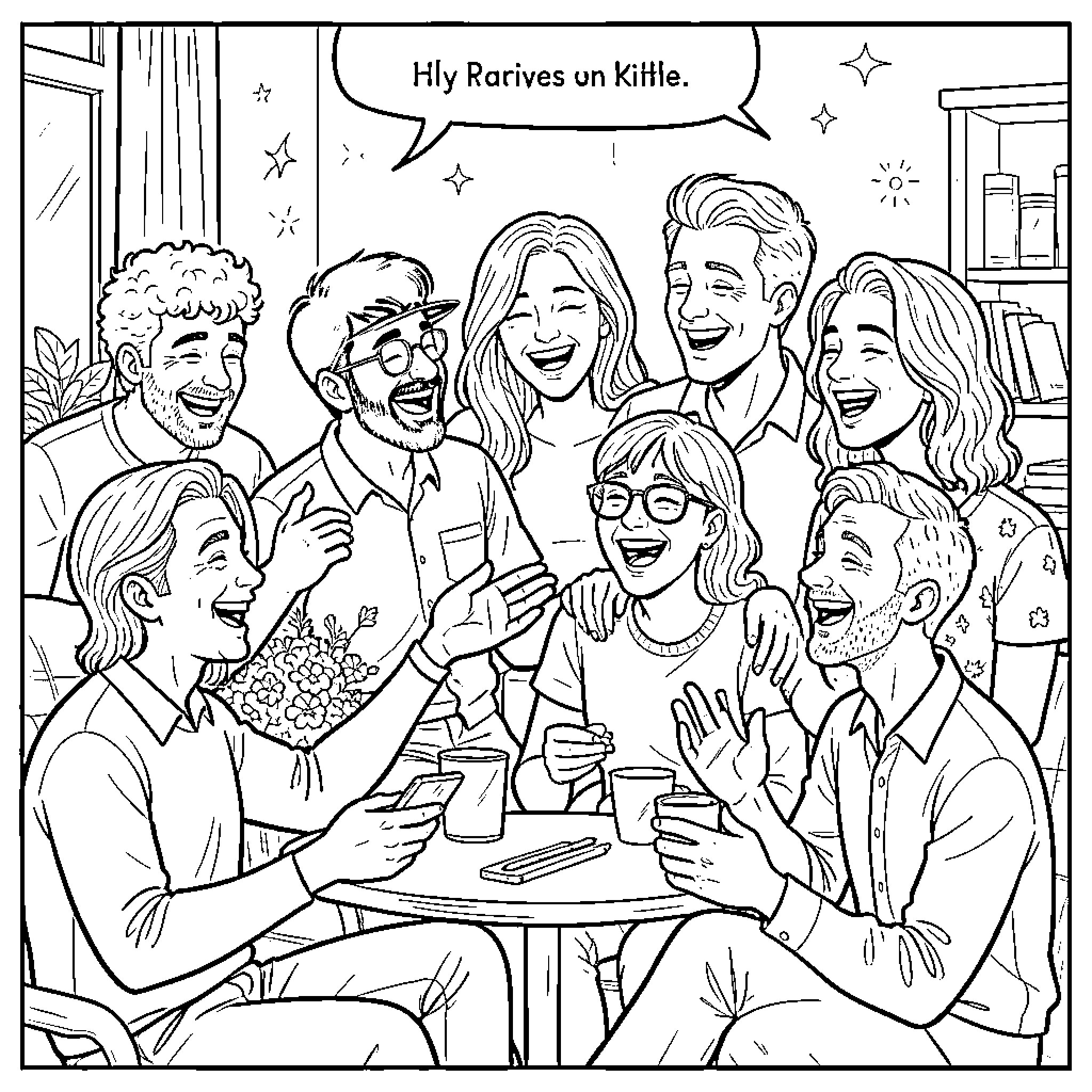 Gay friends laughing and celebrating together at a party Coloring Page (free black-and-white line drawing printable PDF for all, from beginners to advanced learners, including children, teens, adults, and seniors)