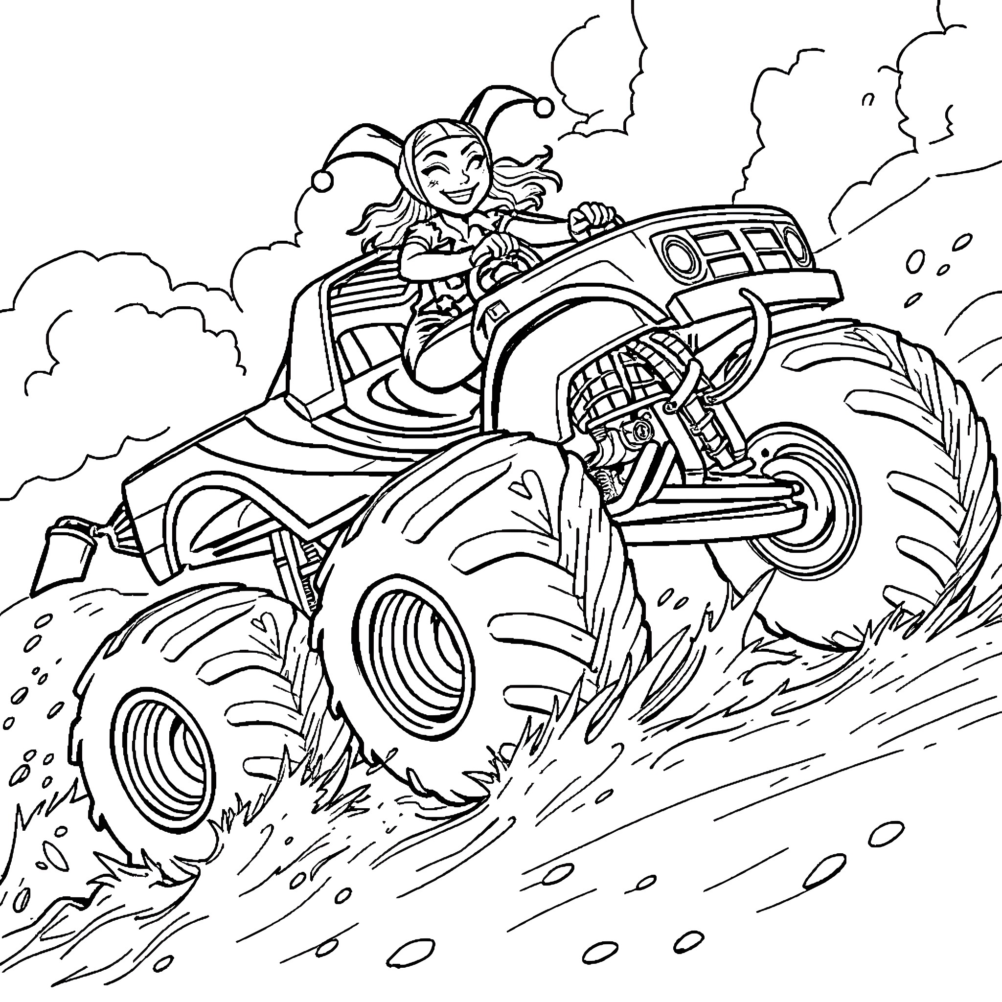 Harley Quinn driving a monster truck through the mud Coloring Page (free black-and-white line drawing printable PDF for all, from beginners to advanced learners, including children, teens, adults, and seniors)