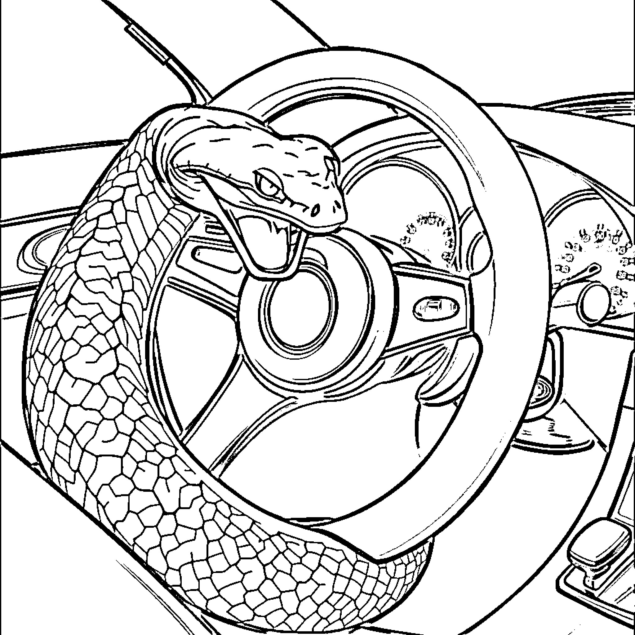 Snake coiled around steering wheel in car Coloring Page (free black-and-white line drawing printable PDF for all, from beginners to advanced learners, including children, teens, adults, and seniors)