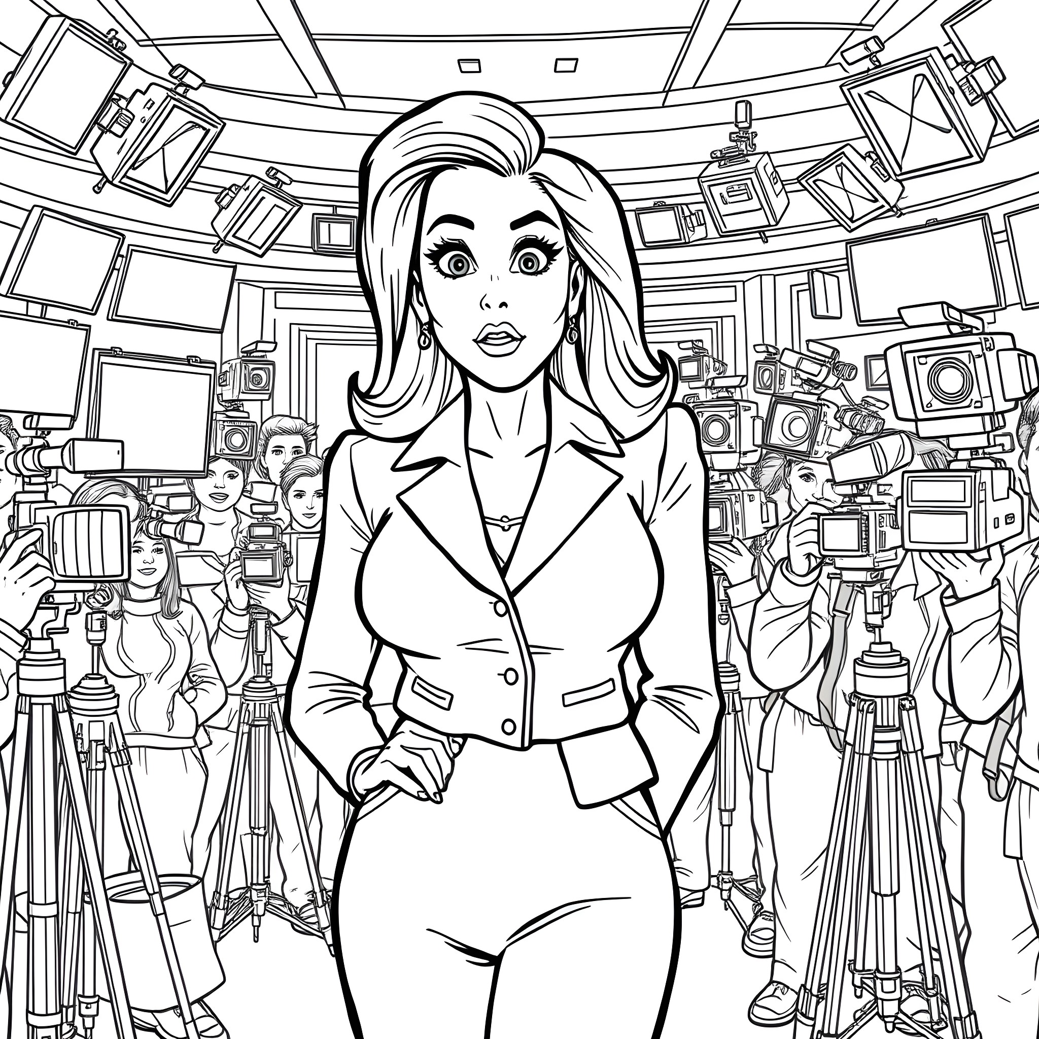 Veronica Corningstone in Action on the Newsroom Floor Coloring Page (free black-and-white line drawing printable PDF for all, from beginners to advanced learners, including children, teens, adults, and seniors)
