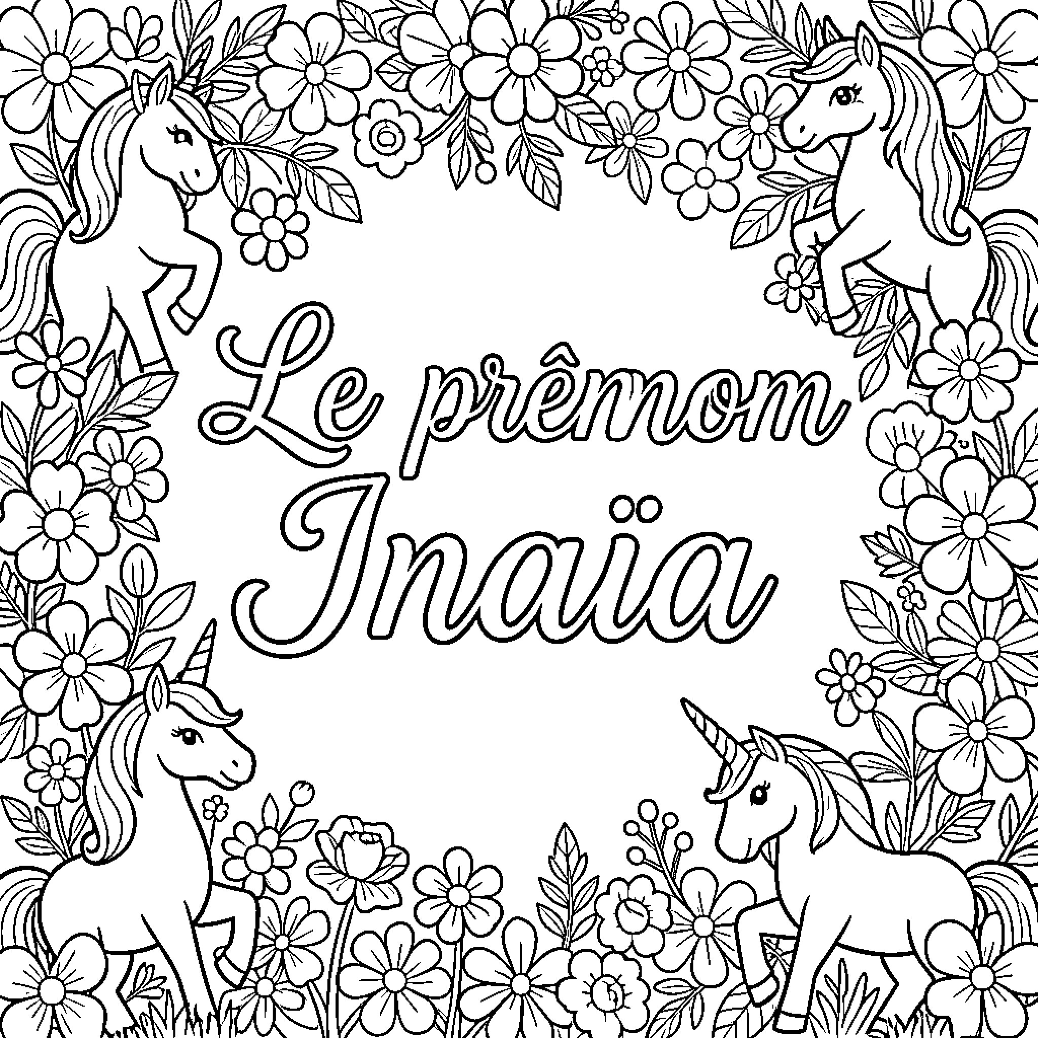 Inaïa's Magical Floral Adventure Coloring Page (free black-and-white line drawing printable PDF for all, from beginners to advanced learners, including children, teens, adults, and seniors)