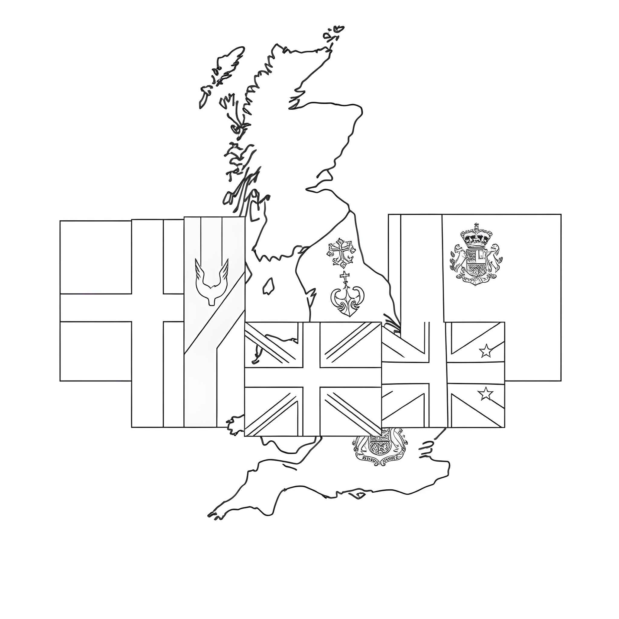 Flag depicting the map of the United Kingdom Coloring Page (free black-and-white line drawing printable PDF for all, from beginners to advanced learners, including children, teens, adults, and seniors)