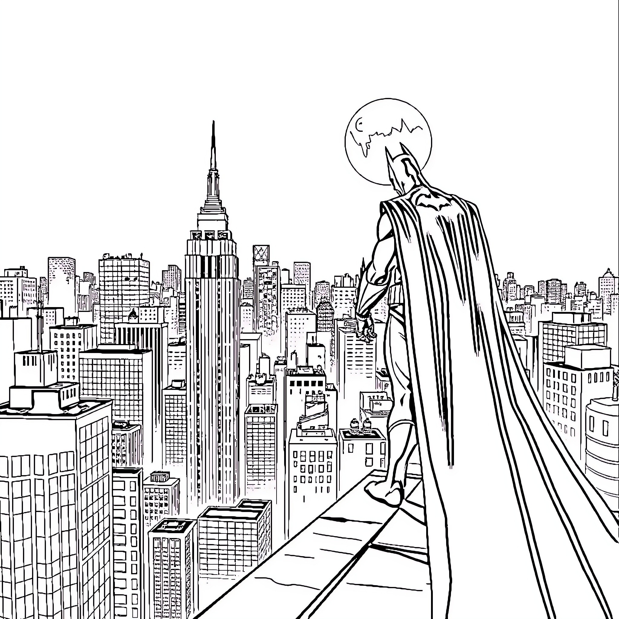 Batman overlooking the city at night Coloring Page (free black-and-white line drawing printable PDF for all, from beginners to advanced learners, including children, teens, adults, and seniors)