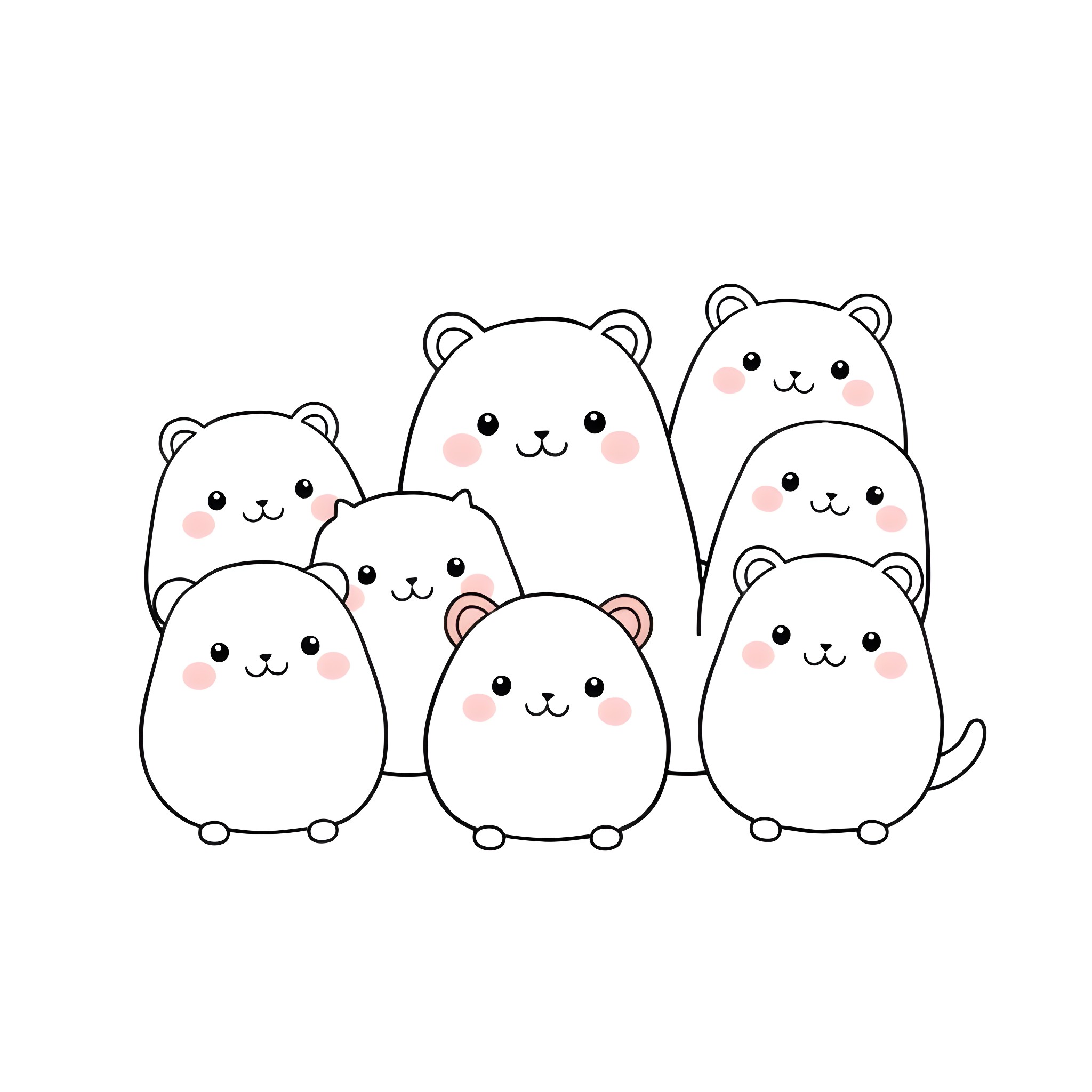 Squishmallow friends gathered together Coloring Page (free black-and-white line drawing printable PDF for all, from beginners to advanced learners, including children, teens, adults, and seniors)