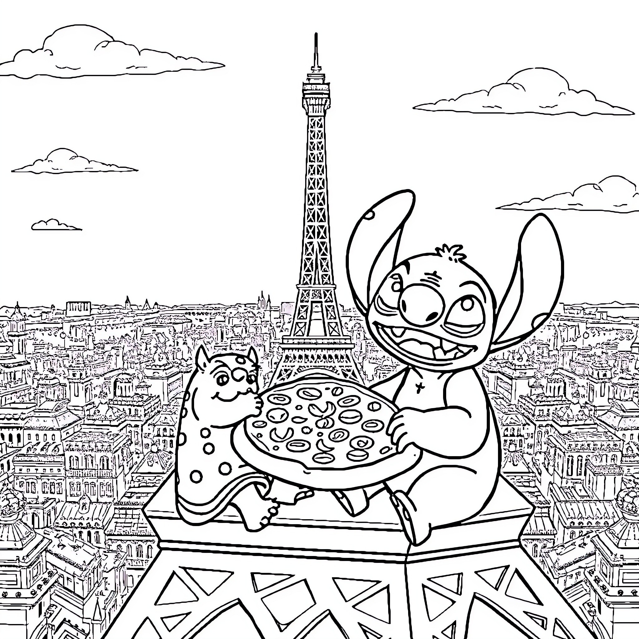 Lilo and Stitch's Parisian Adventure Coloring Page (free black-and-white line drawing printable PDF for all, from beginners to advanced learners, including children, teens, adults, and seniors)