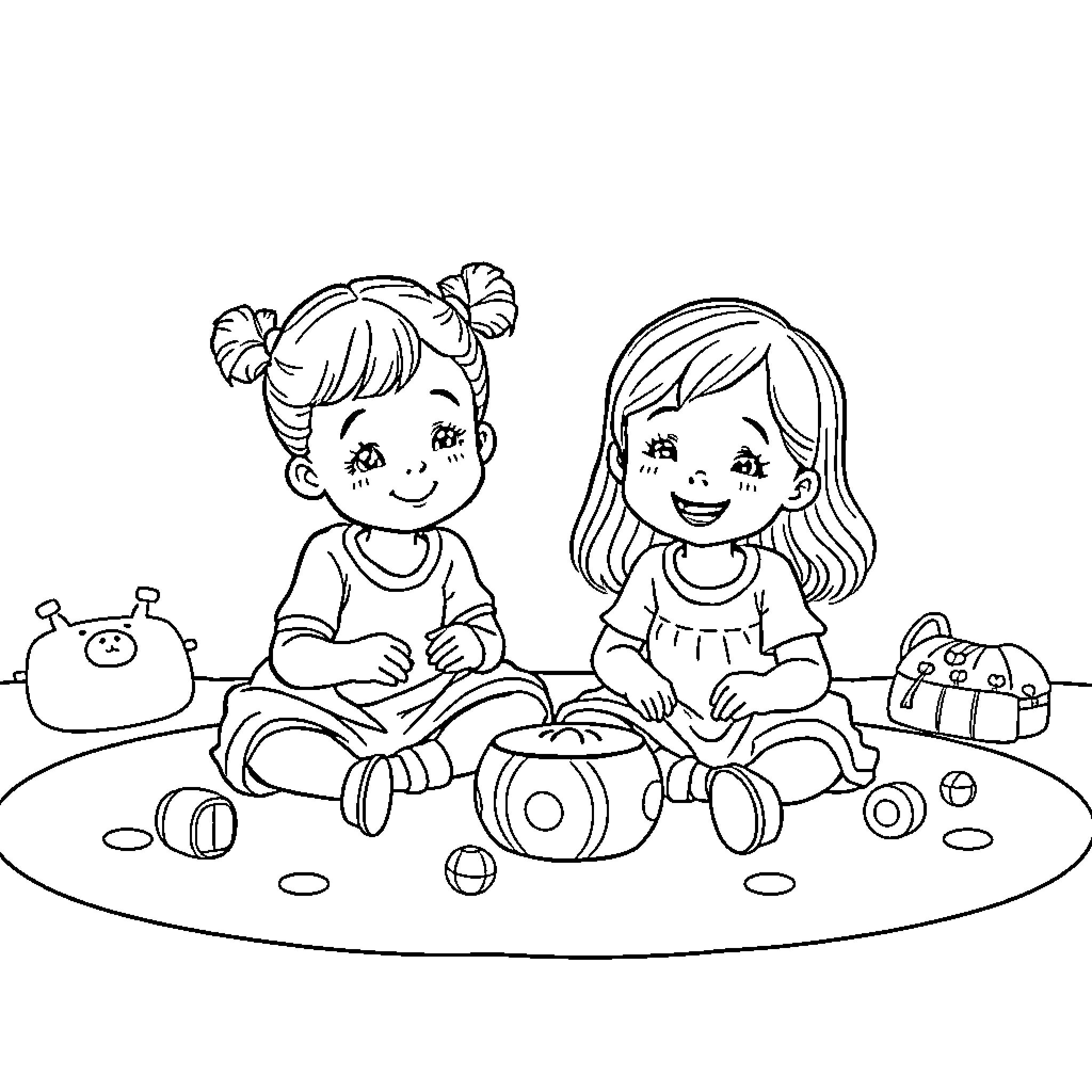 Fille Playing Happily with Friends and Toys Coloring Page (free black-and-white line drawing printable PDF for all, from beginners to advanced learners, including children, teens, adults, and seniors)