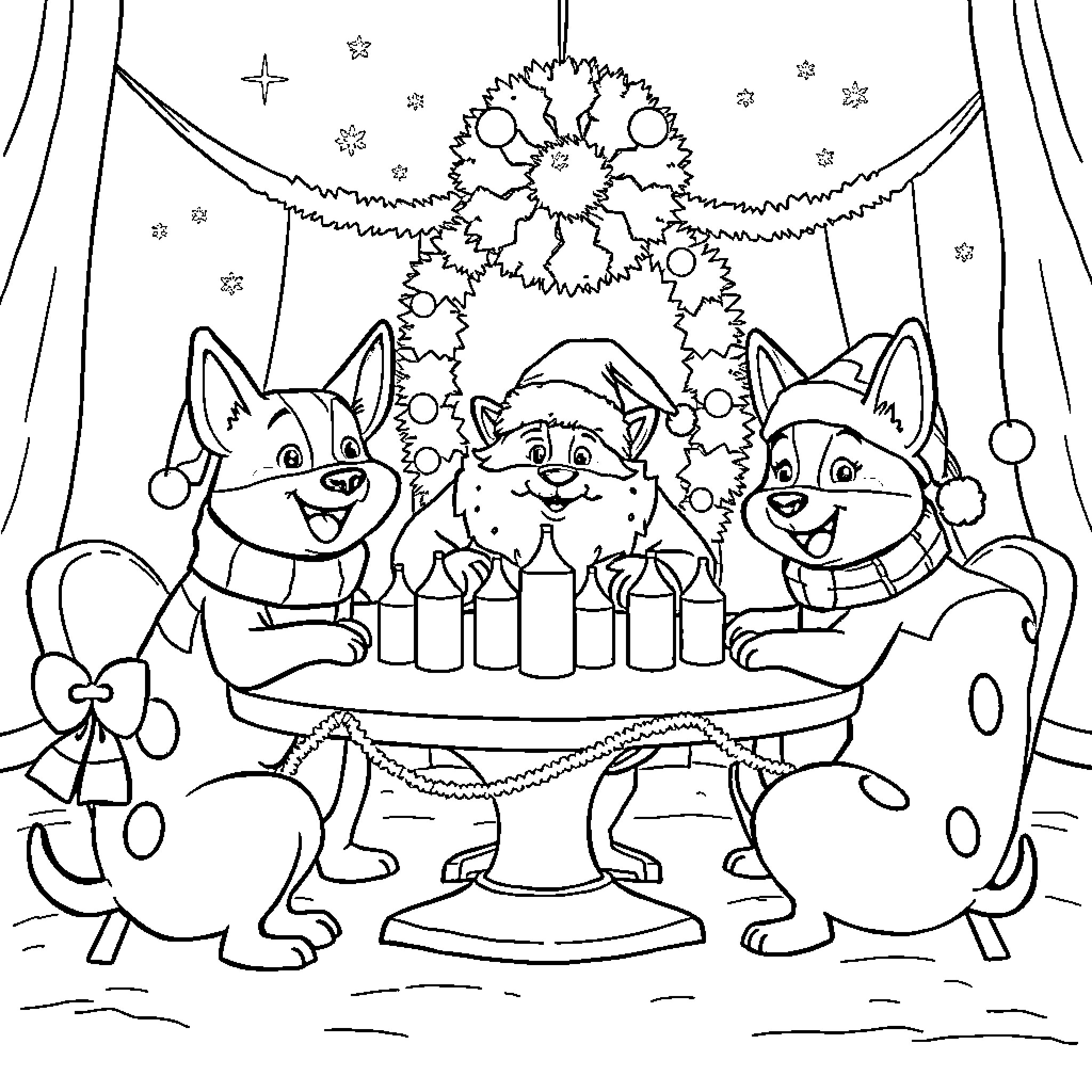 Pat Patrouille characters celebrating Christmas together Coloring Page (free black-and-white line drawing printable PDF for all, from beginners to advanced learners, including children, teens, adults, and seniors)