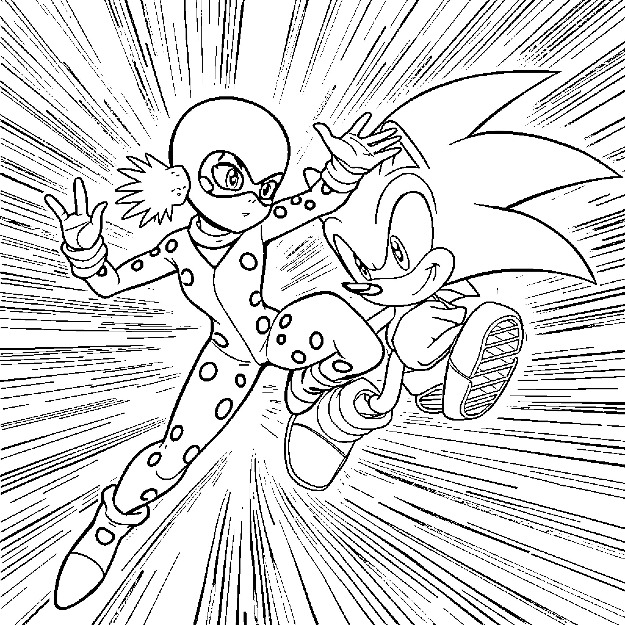 Ladybug zooming through the scene with Sonic the Hedgehog Coloring Page (free black-and-white line drawing printable PDF for all, from beginners to advanced learners, including children, teens, adults, and seniors)