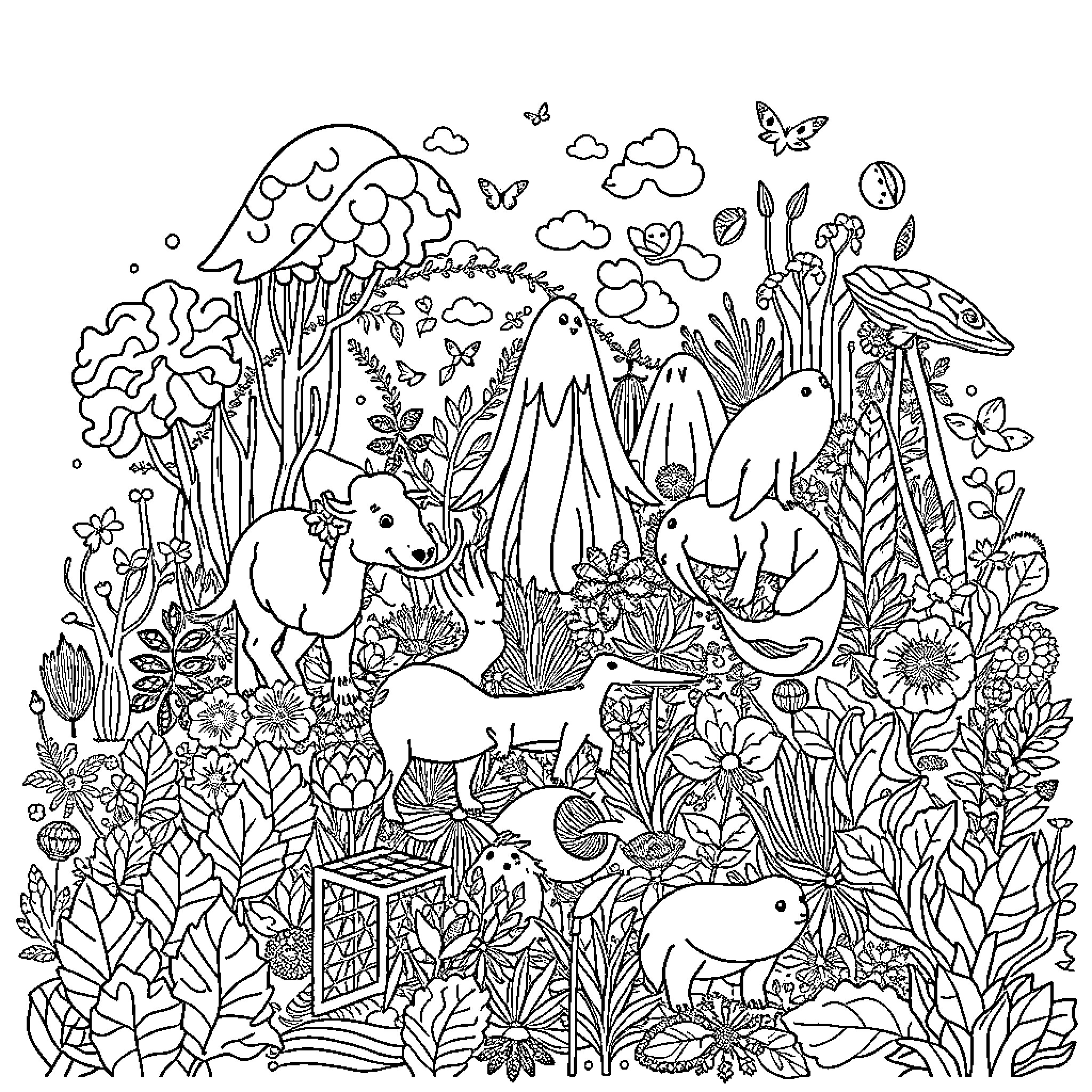 Ecosystem of Diverse Wildlife and Vegetation Coloring Page (free black-and-white line drawing printable PDF for all, from beginners to advanced learners, including children, teens, adults, and seniors)