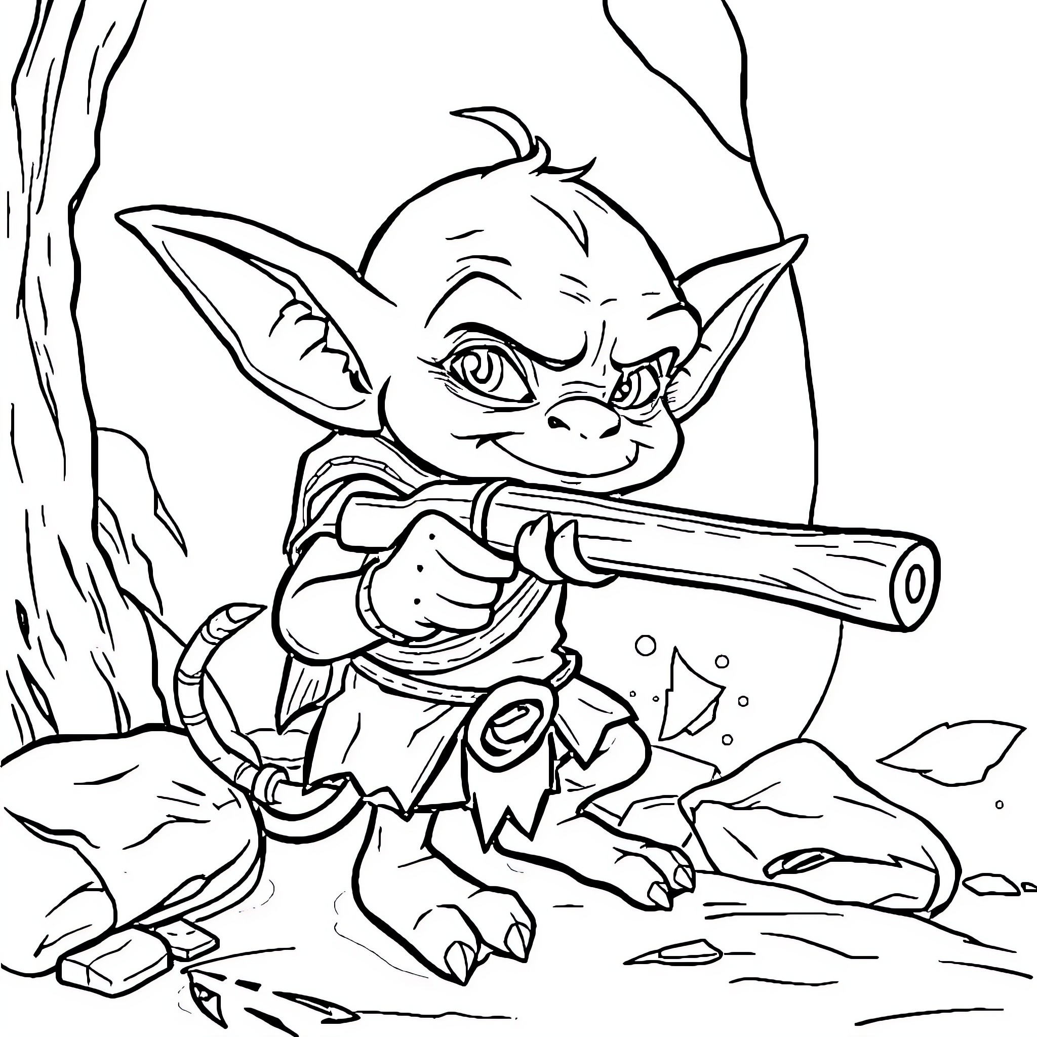 Goblin mischievously wielding a weapon in the woods Coloring Page (free black-and-white line drawing printable PDF for all, from beginners to advanced learners, including children, teens, adults, and seniors)