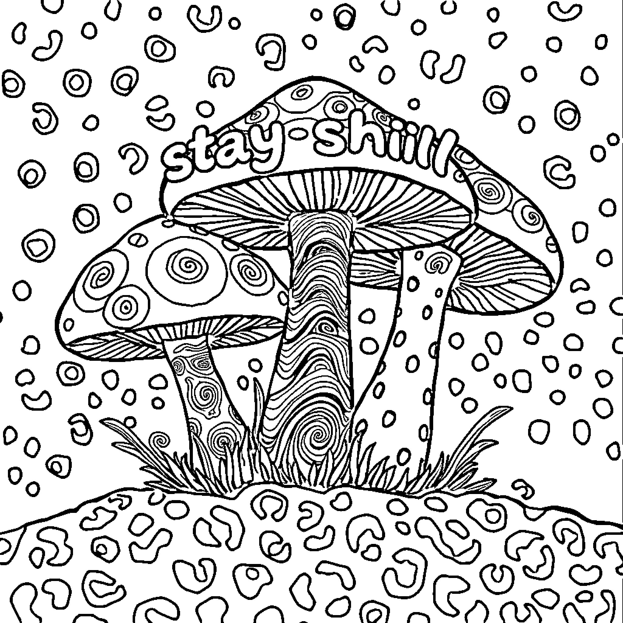 Mushroom Stay Shinin' in Trippy Landscape Coloring Page (free black-and-white line drawing printable PDF for all, from beginners to advanced learners, including children, teens, adults, and seniors)