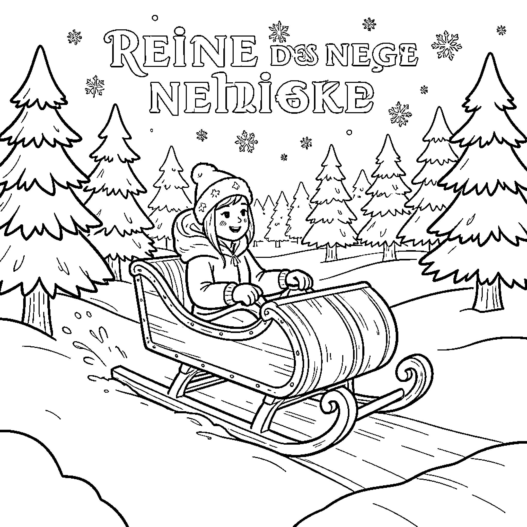 Snow Queen riding a sleigh through a winter forest Coloring Page (free black-and-white line drawing printable PDF for all, from beginners to advanced learners, including children, teens, adults, and seniors)