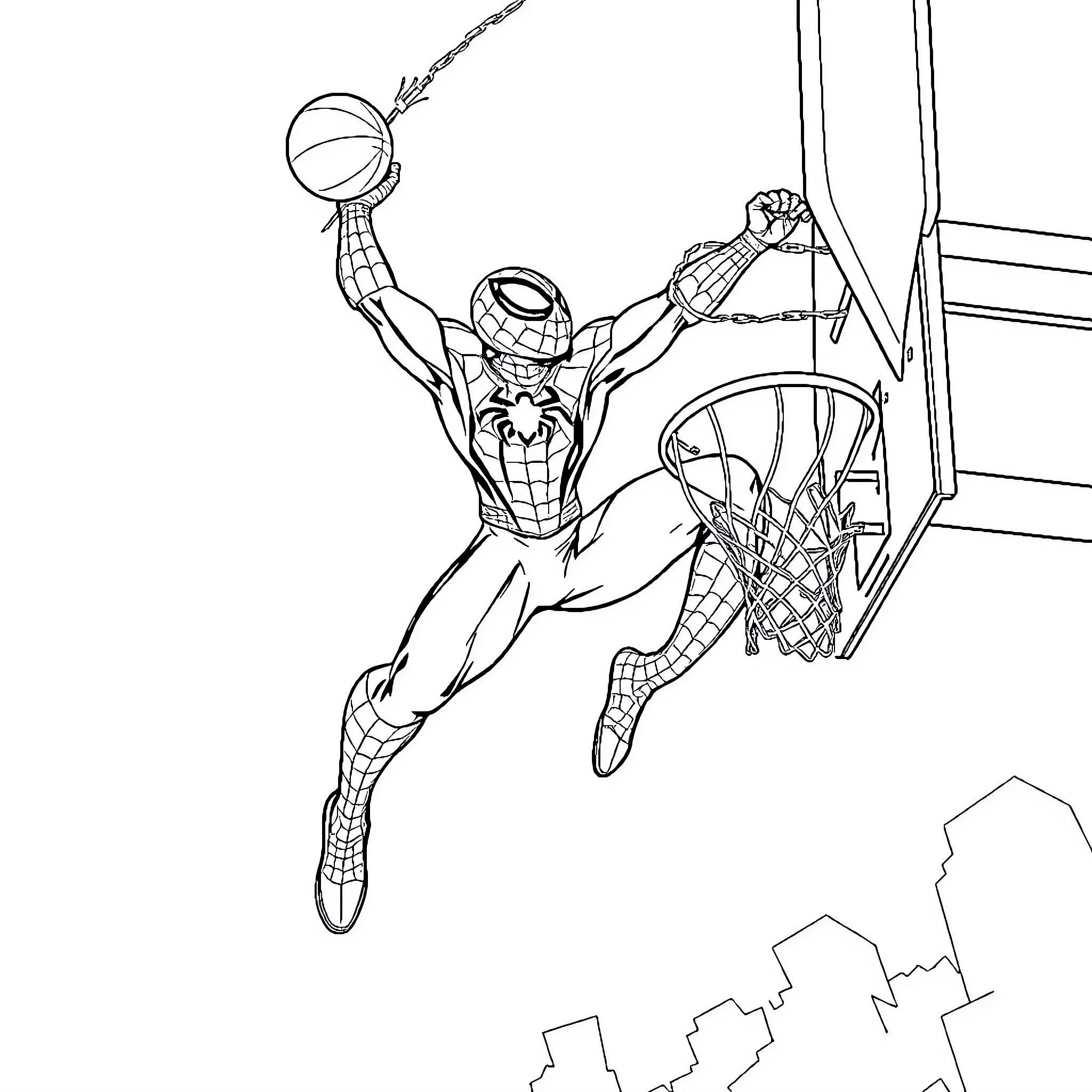 Spiderman swinging and dunking a basketball Coloring Page (free black-and-white line drawing printable PDF for all, from beginners to advanced learners, including children, teens, adults, and seniors)
