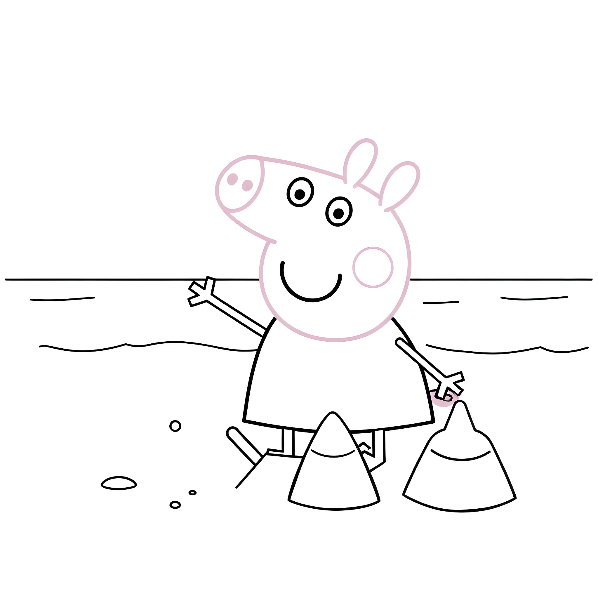 Peppa Pig playing happily on the beach Coloring Page (free black-and-white line drawing printable PDF for all, from beginners to advanced learners, including children, teens, adults, and seniors)