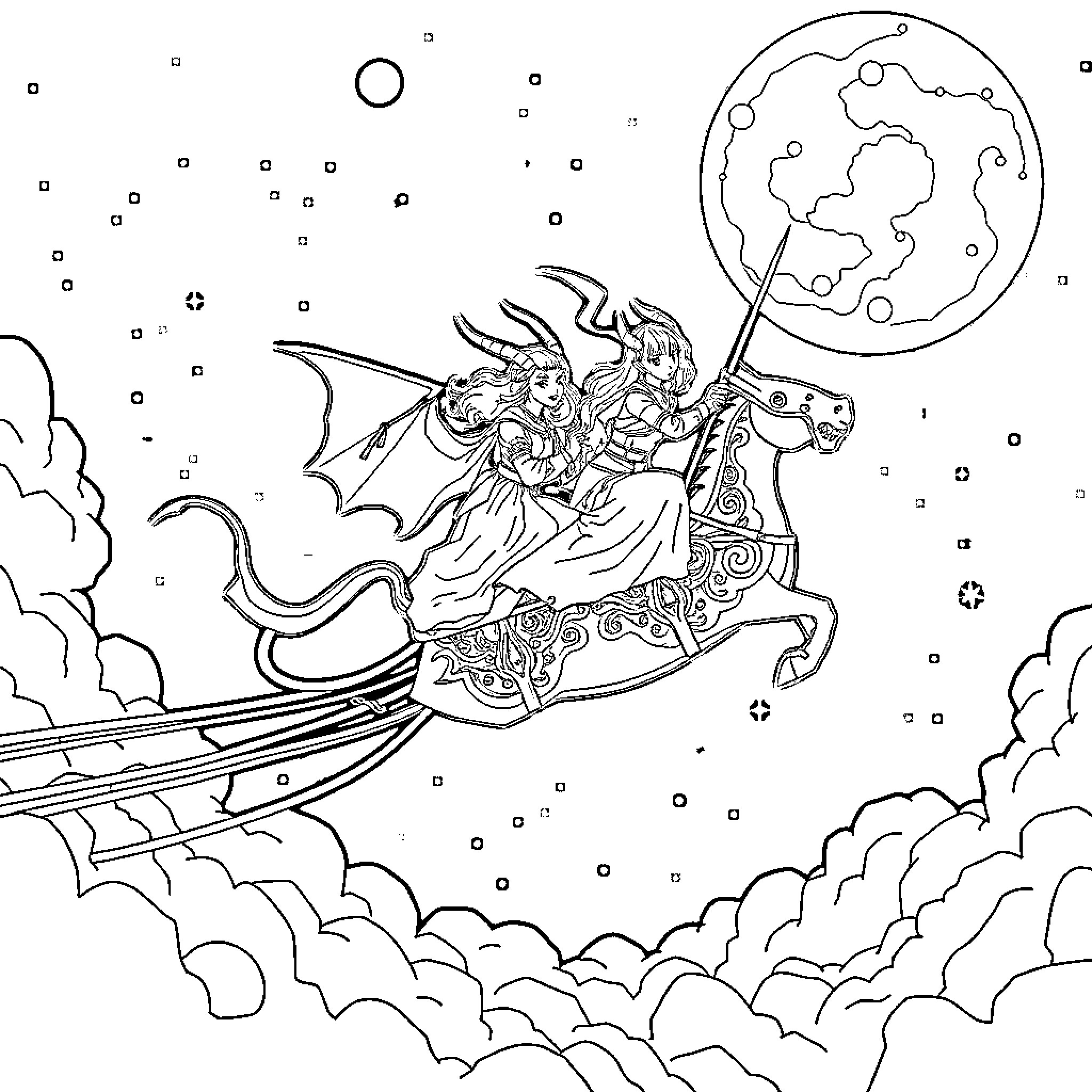 Demon Hunter Soaring through the Skies on a Mystical Mount Coloring Page (free black-and-white line drawing printable PDF for all, from beginners to advanced learners, including children, teens, adults, and seniors)