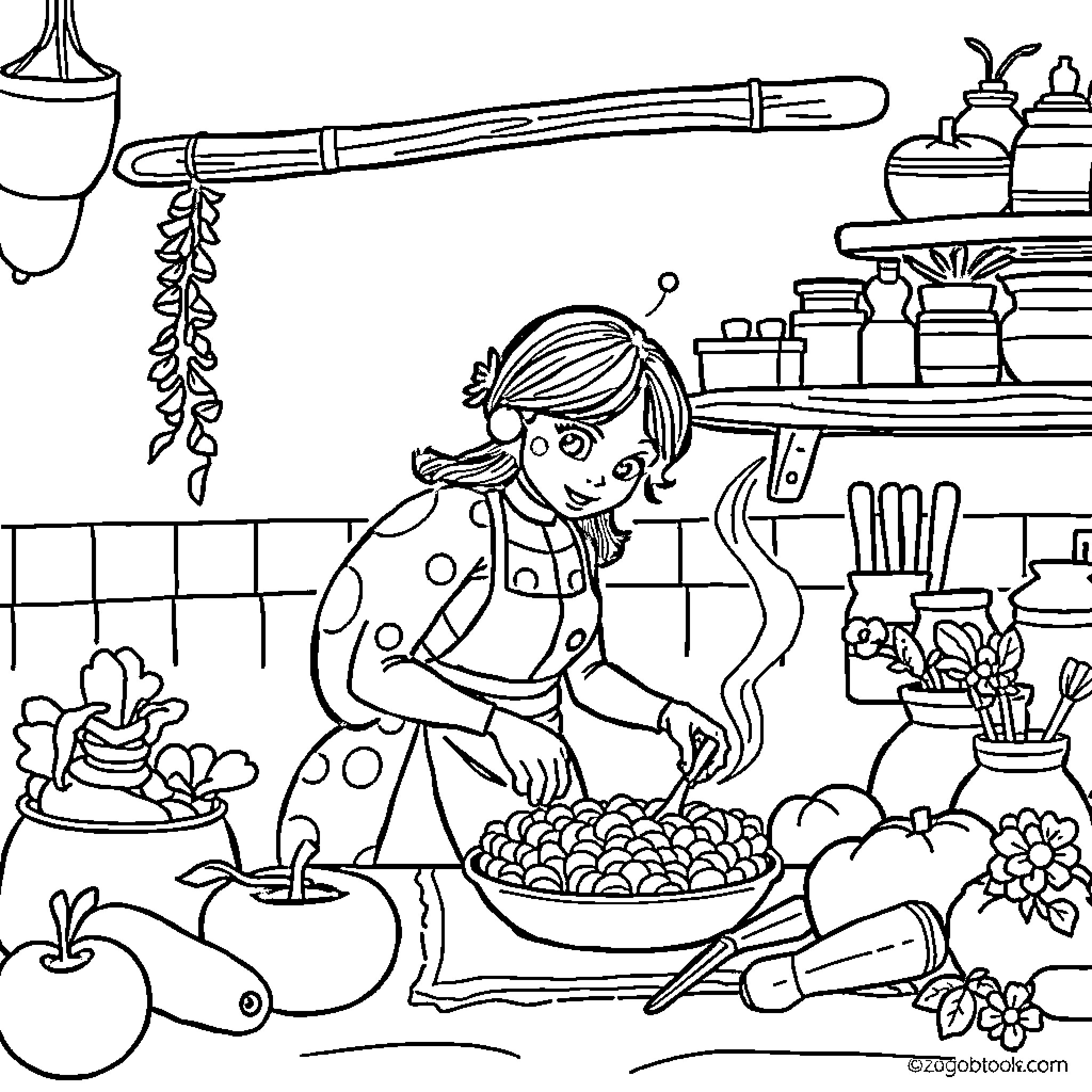 Ladybug cooking in a kitchen with plants and utensils Coloring Page (free black-and-white line drawing printable PDF for all, from beginners to advanced learners, including children, teens, adults, and seniors)