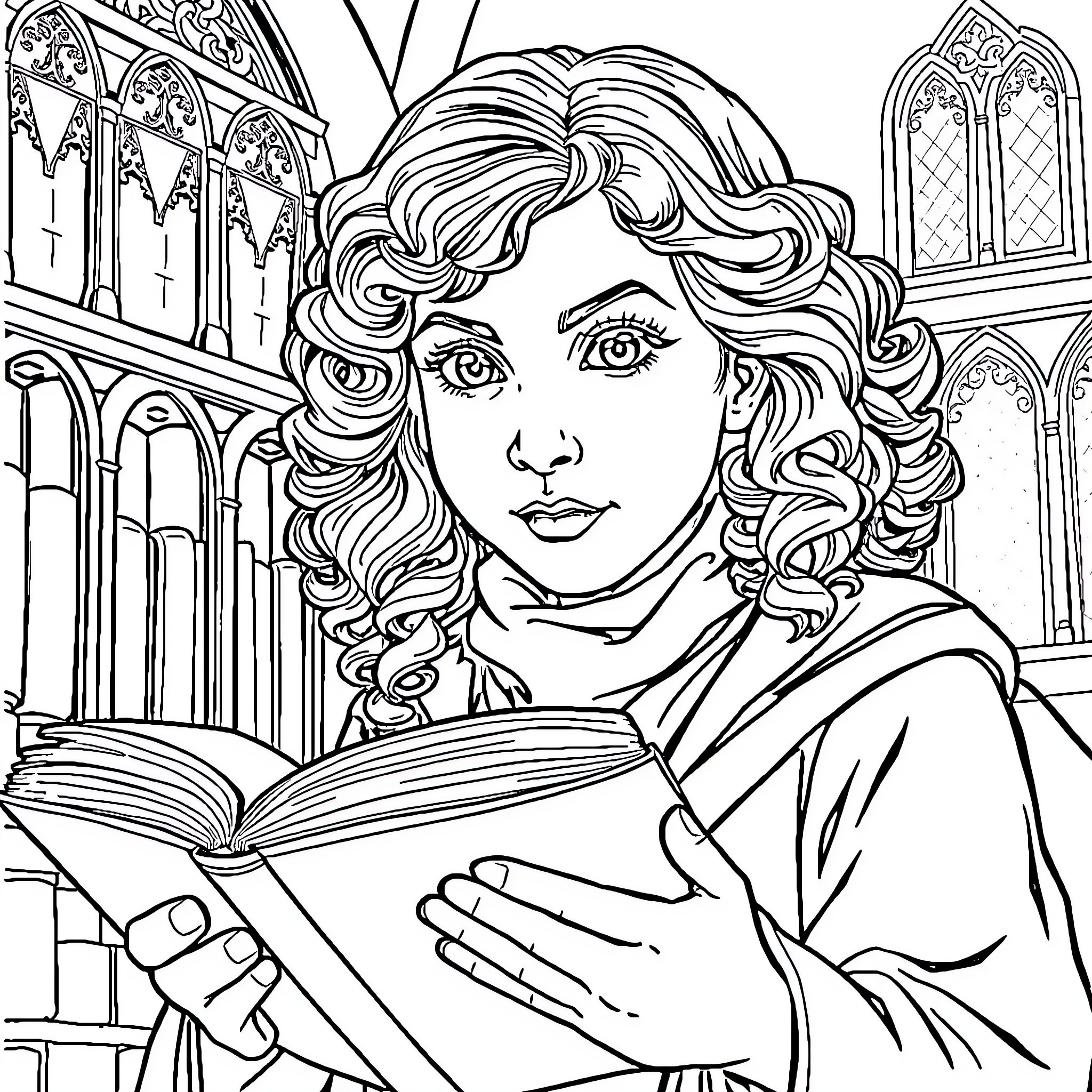 Hermione studying intently in the library Coloring Page (free black-and-white line drawing printable PDF for all, from beginners to advanced learners, including children, teens, adults, and seniors)