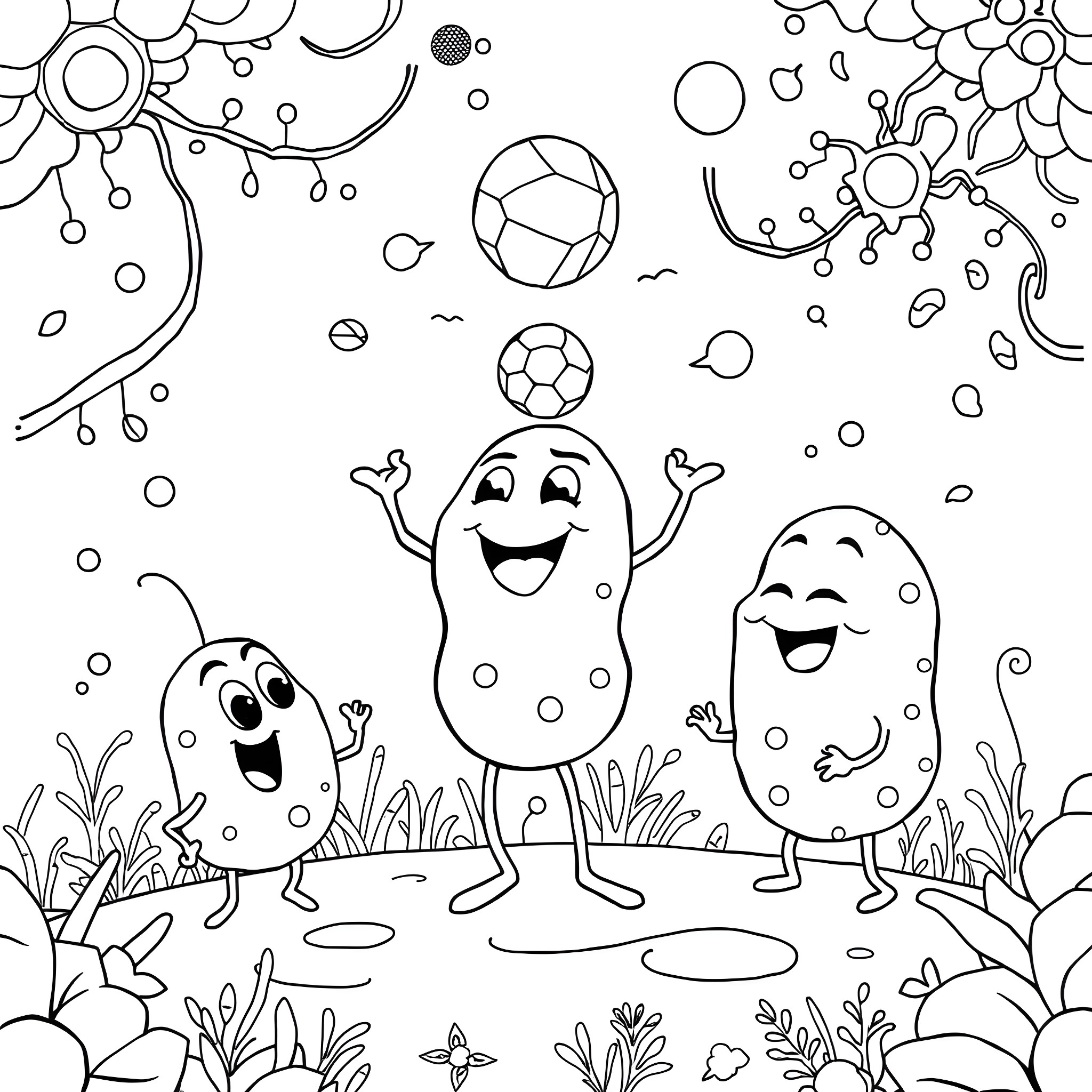Cell Characters Enjoying Playful Interactions Coloring Page (free black-and-white line drawing printable PDF for all, from beginners to advanced learners, including children, teens, adults, and seniors)