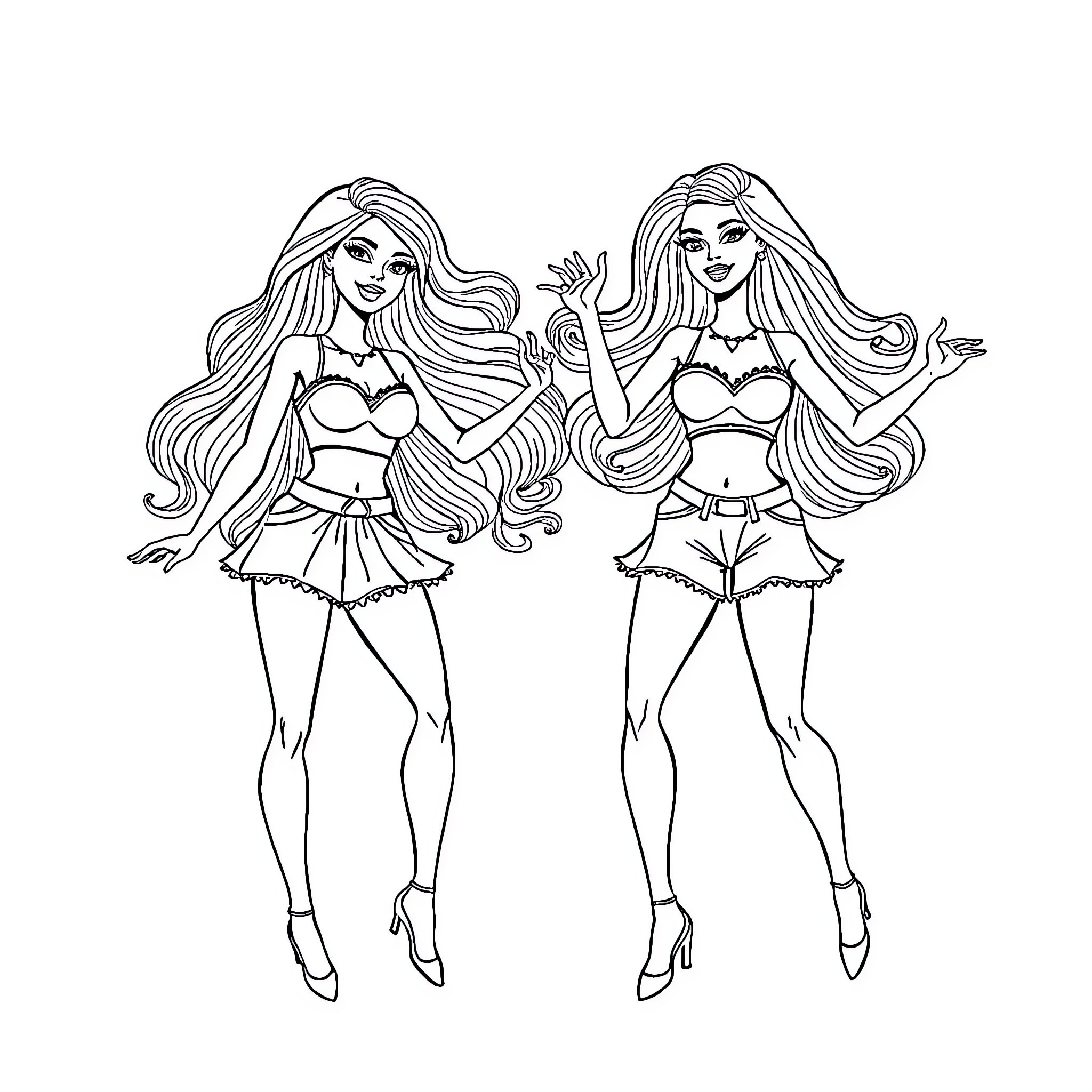 Barbie posing confidently in stylish outfits Coloring Page (free black-and-white line drawing printable PDF for all, from beginners to advanced learners, including children, teens, adults, and seniors)