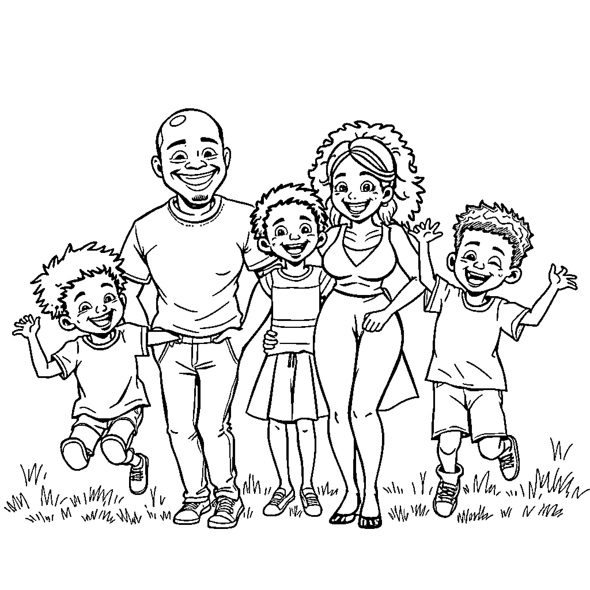 Family Enjoying Outdoor Time Together Coloring Page (free black-and-white line drawing printable PDF for all, from beginners to advanced learners, including children, teens, adults, and seniors)