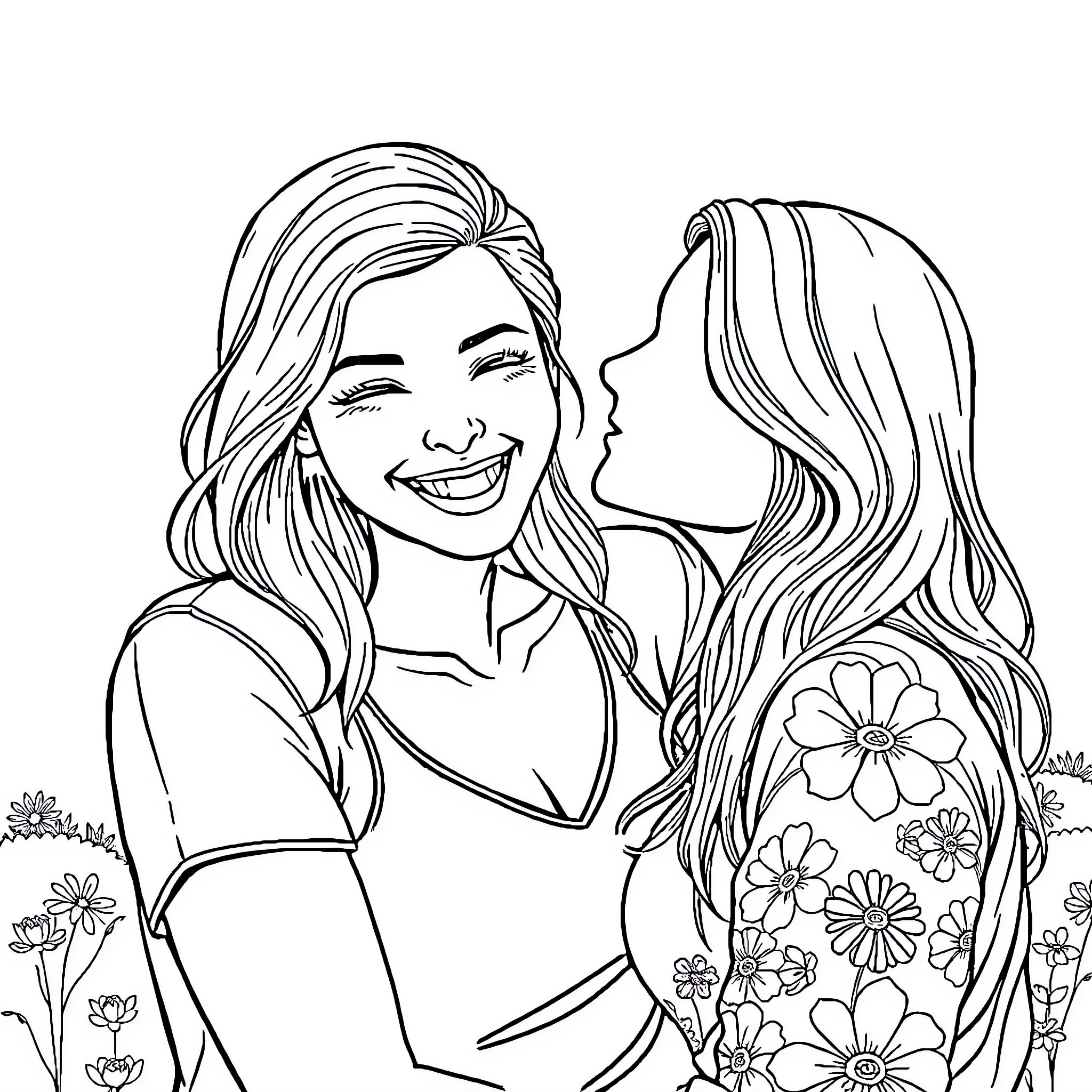 Girl in a floral shirt smiling with a friend Coloring Page (free black-and-white line drawing printable PDF for all, from beginners to advanced learners, including children, teens, adults, and seniors)