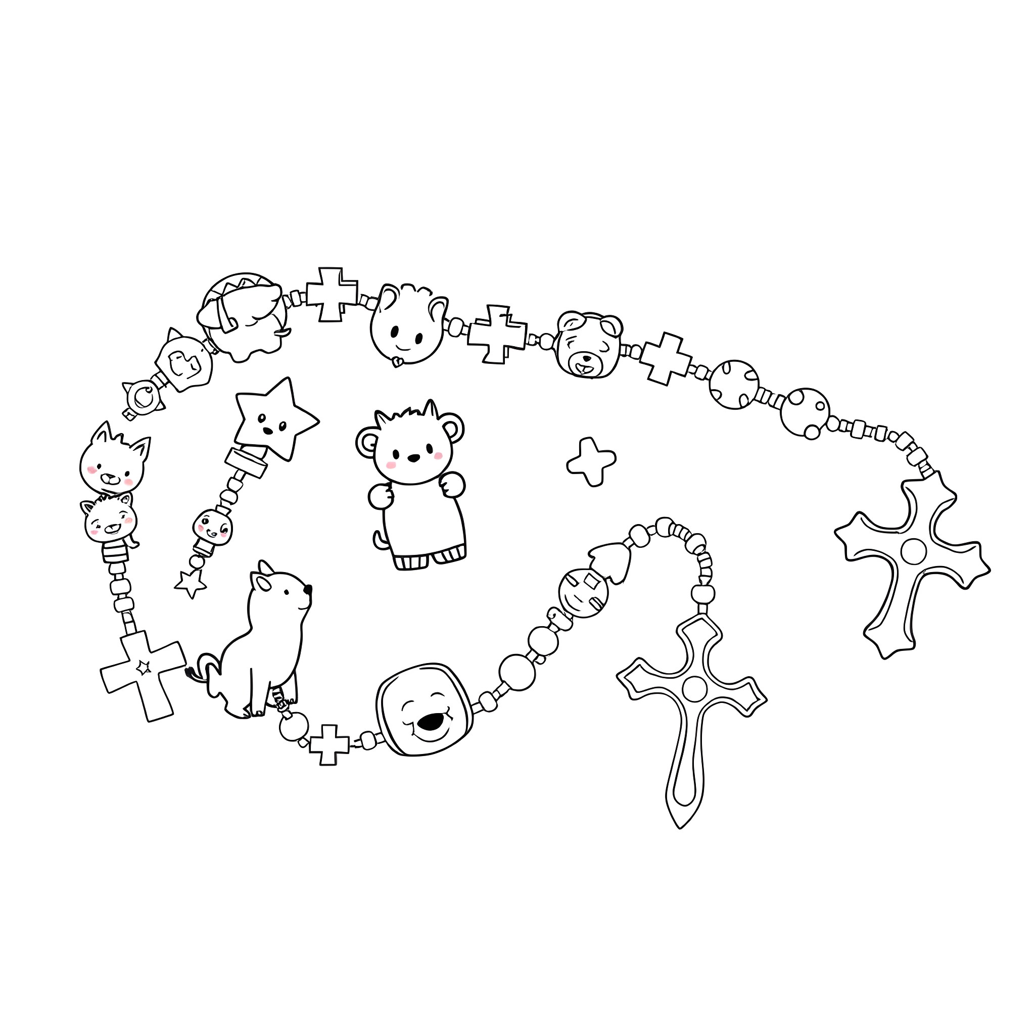 Rosary of Cute Cartoon Characters Coloring Page (free black-and-white line drawing printable PDF for all, from beginners to advanced learners, including children, teens, adults, and seniors)