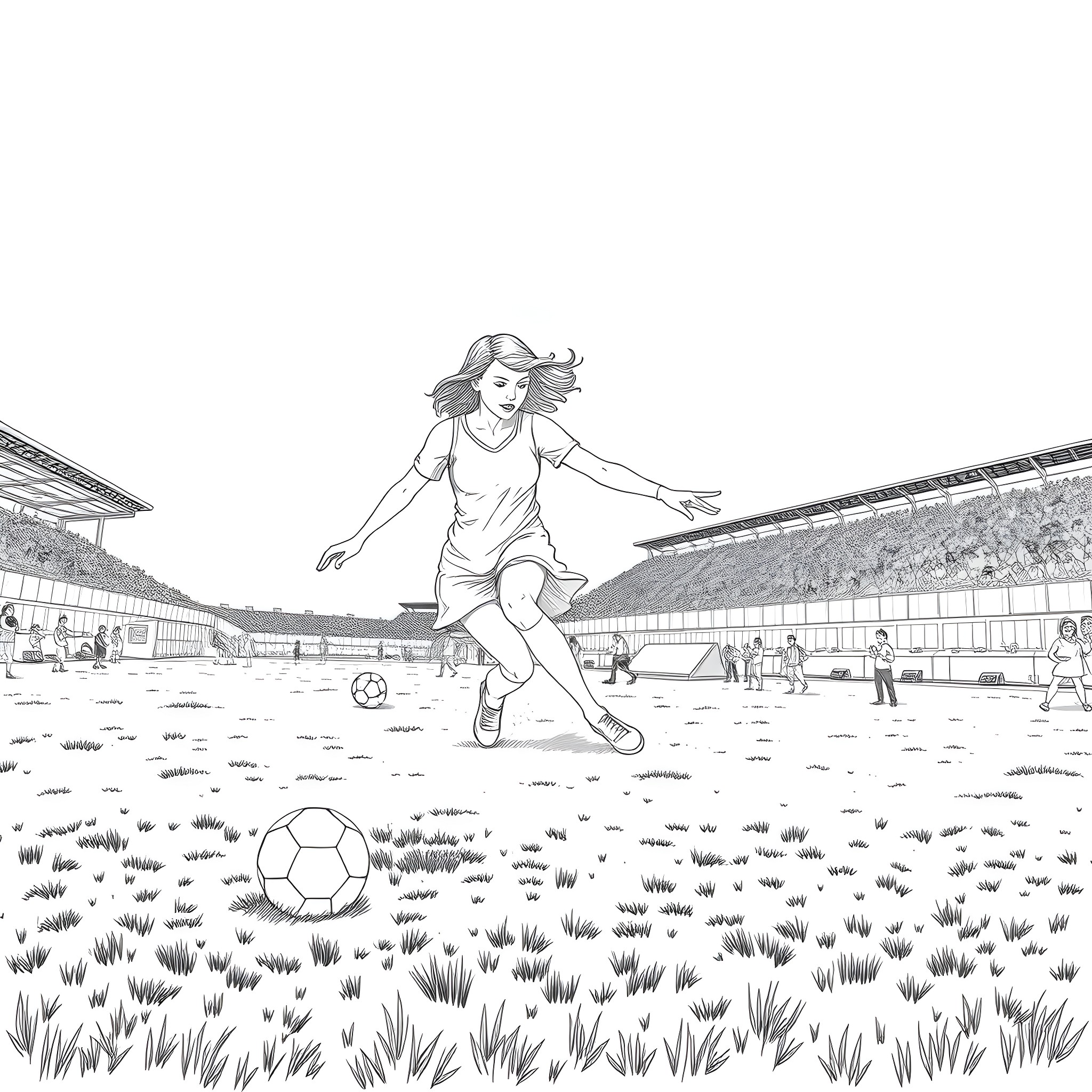 Taylor Swift playing soccer on the field Coloring Page (free black-and-white line drawing printable PDF for all, from beginners to advanced learners, including children, teens, adults, and seniors)