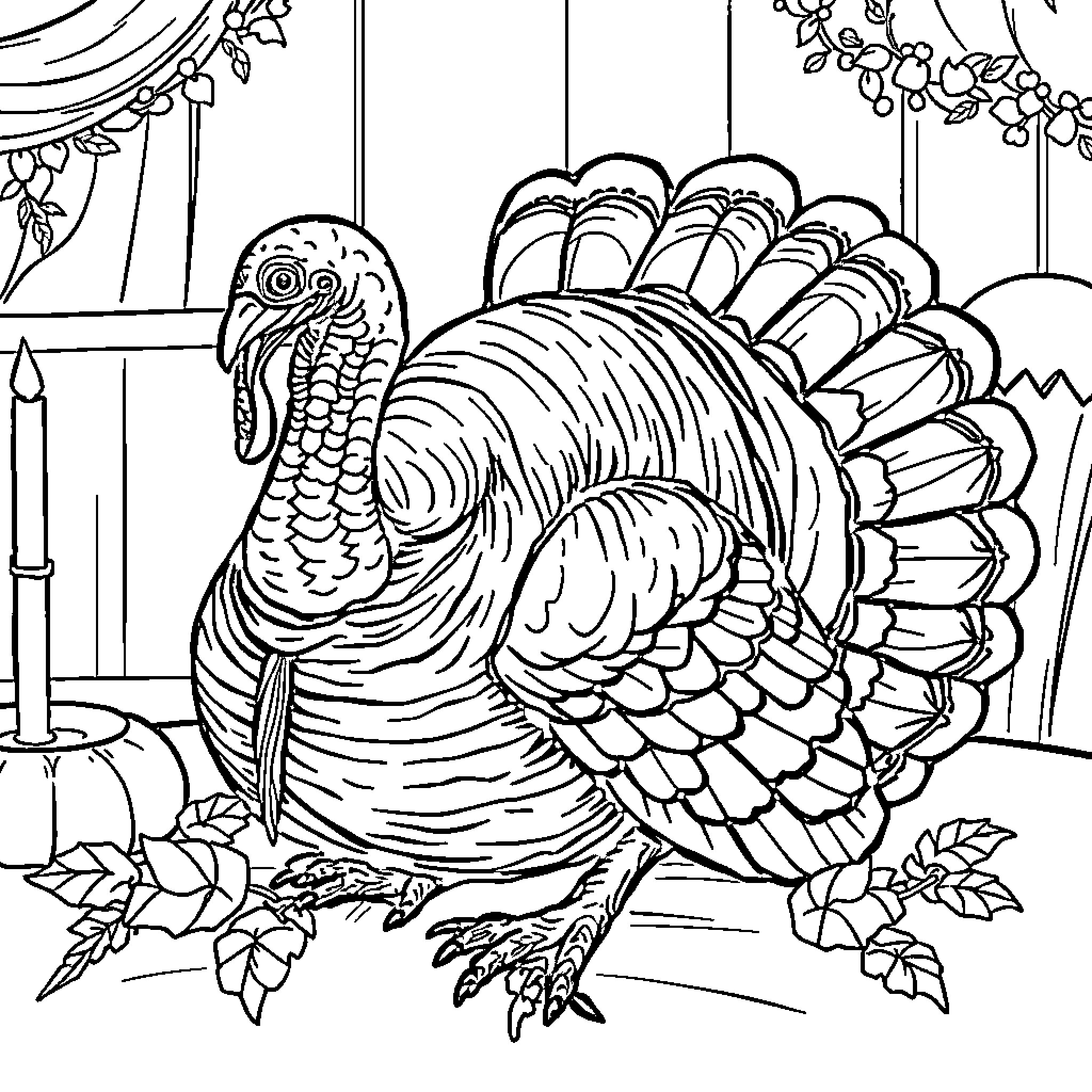 Turkey posing in festive indoor setting Coloring Page (free black-and-white line drawing printable PDF for all, from beginners to advanced learners, including children, teens, adults, and seniors)