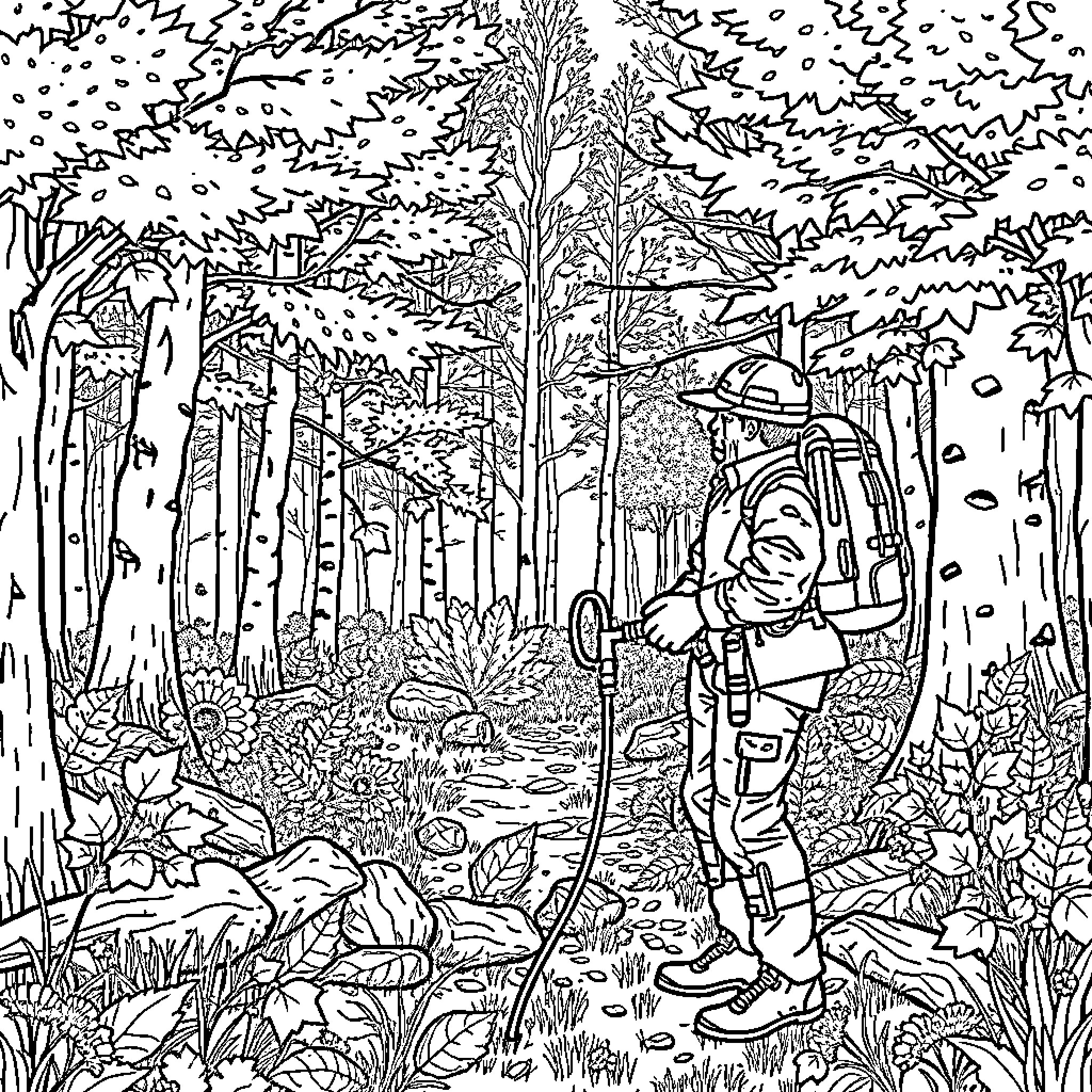 Metal Detector Exploring the Enchanted Forest Coloring Page (free black-and-white line drawing printable PDF for all, from beginners to advanced learners, including children, teens, adults, and seniors)