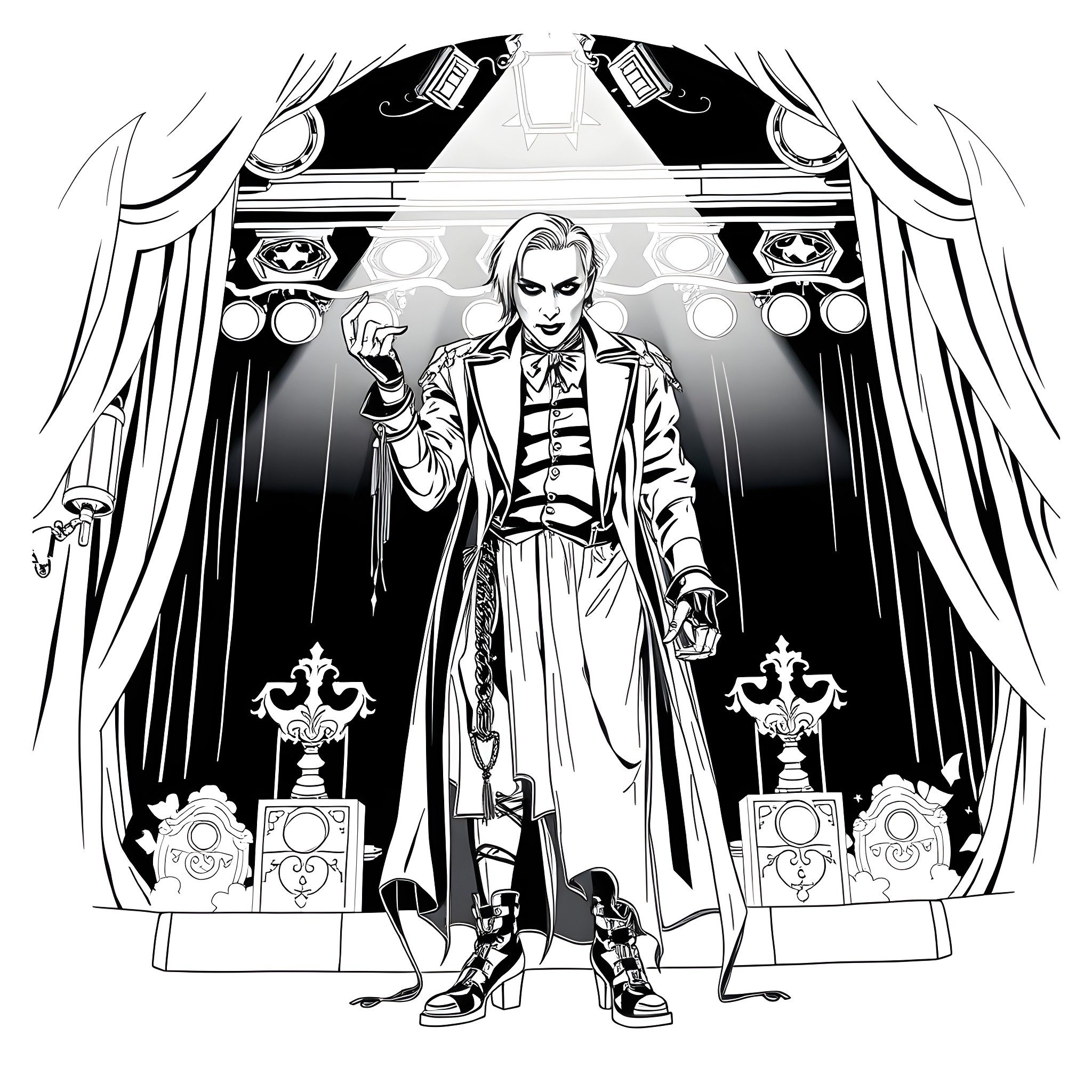 Marilyn Manson's Theatrical Performance on Stage Coloring Page (free black-and-white line drawing printable PDF for all, from beginners to advanced learners, including children, teens, adults, and seniors)