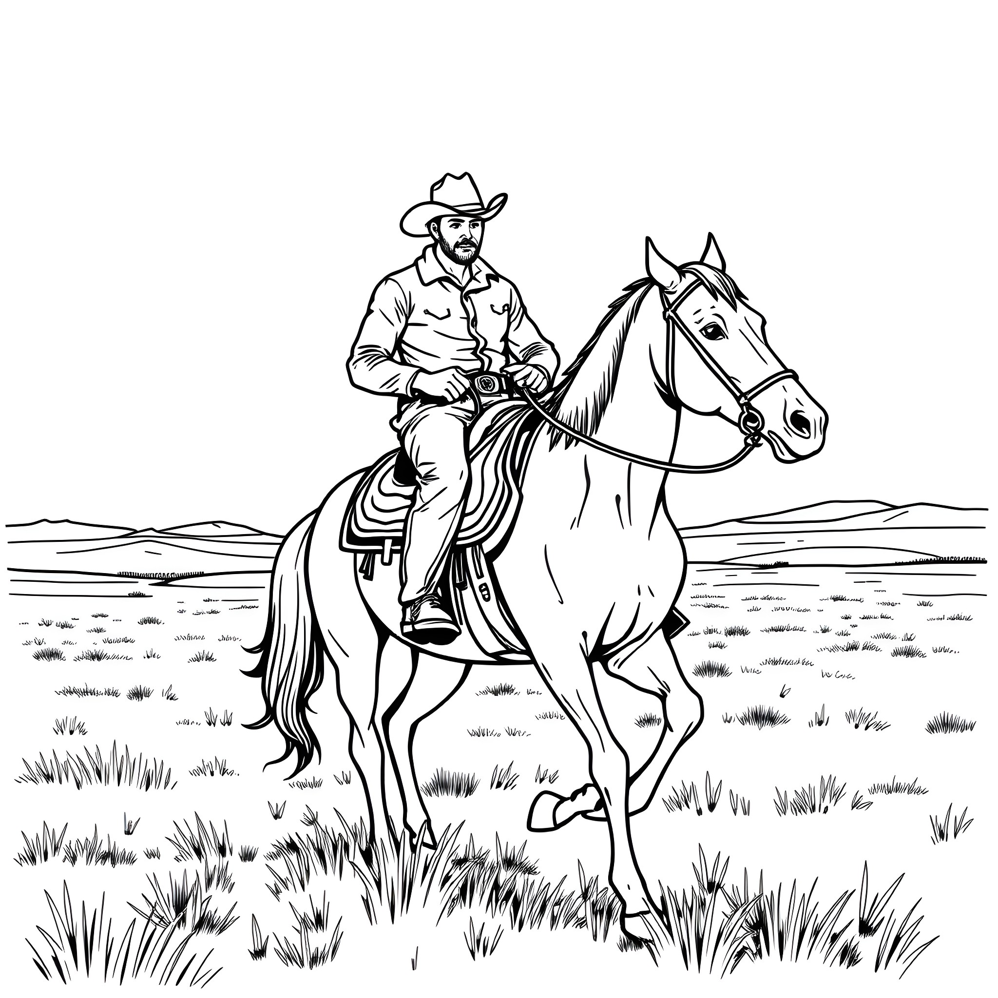 Cowboy riding a horse through the grasslands Coloring Page (free black-and-white line drawing printable PDF for all, from beginners to advanced learners, including children, teens, adults, and seniors)