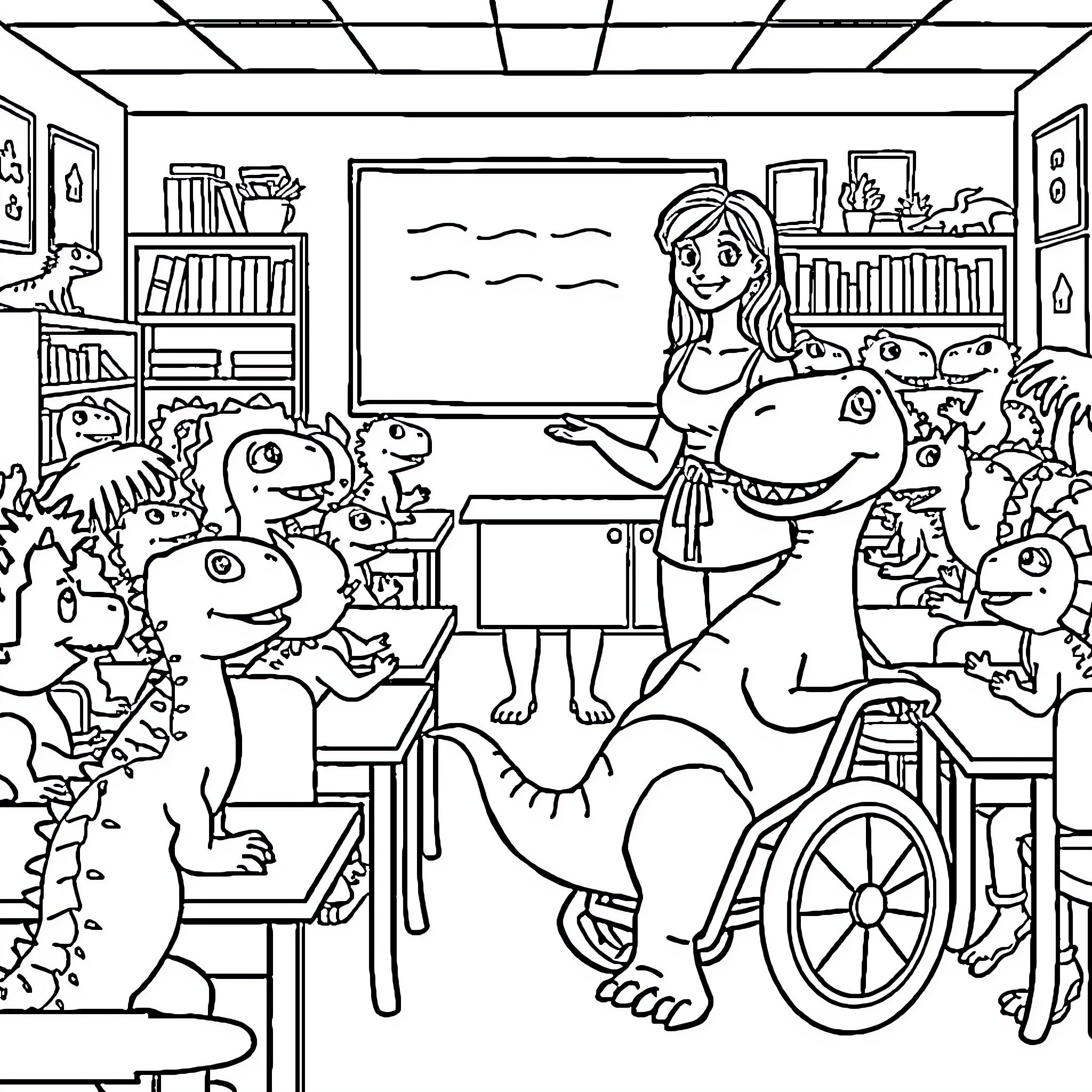 Dinosaur teacher presenting to students in classroom Coloring Page (free black-and-white line drawing printable PDF for all, from beginners to advanced learners, including children, teens, adults, and seniors)