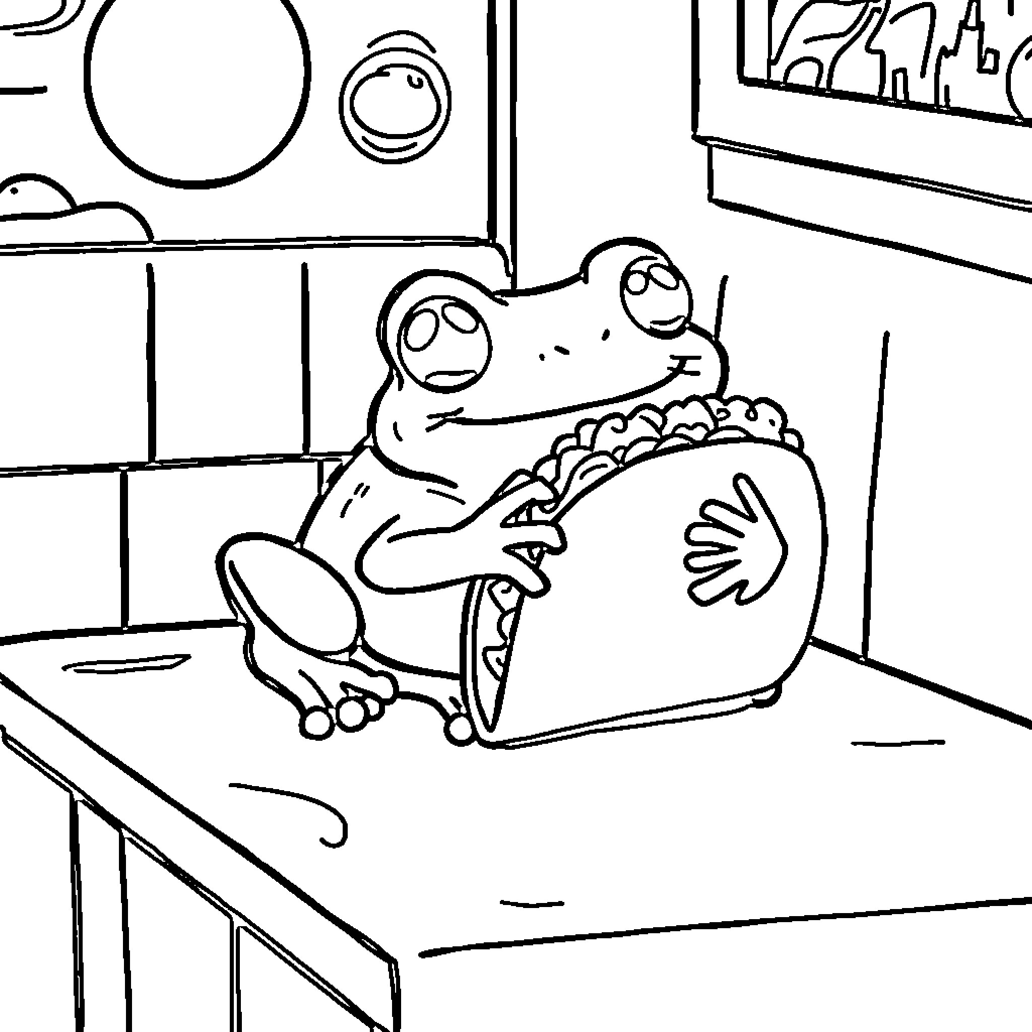Frog enjoying a tasty snack Coloring Page (free black-and-white line drawing printable PDF for all, from beginners to advanced learners, including children, teens, adults, and seniors)