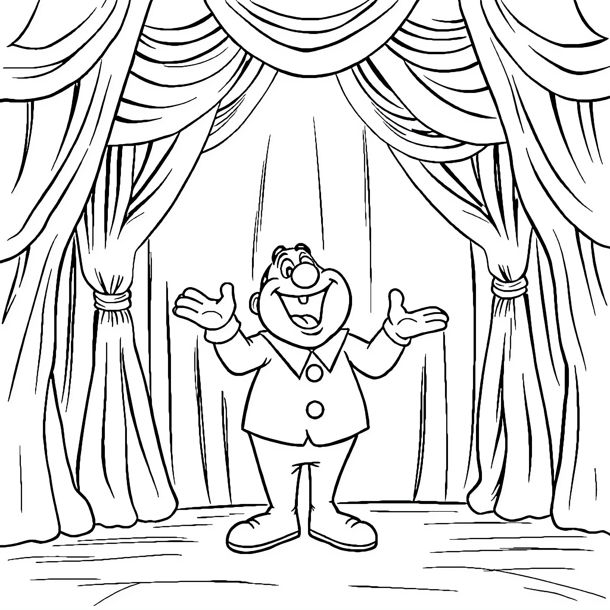 Grimace of a theatrical performer on stage Coloring Page (free black-and-white line drawing printable PDF for all, from beginners to advanced learners, including children, teens, adults, and seniors)