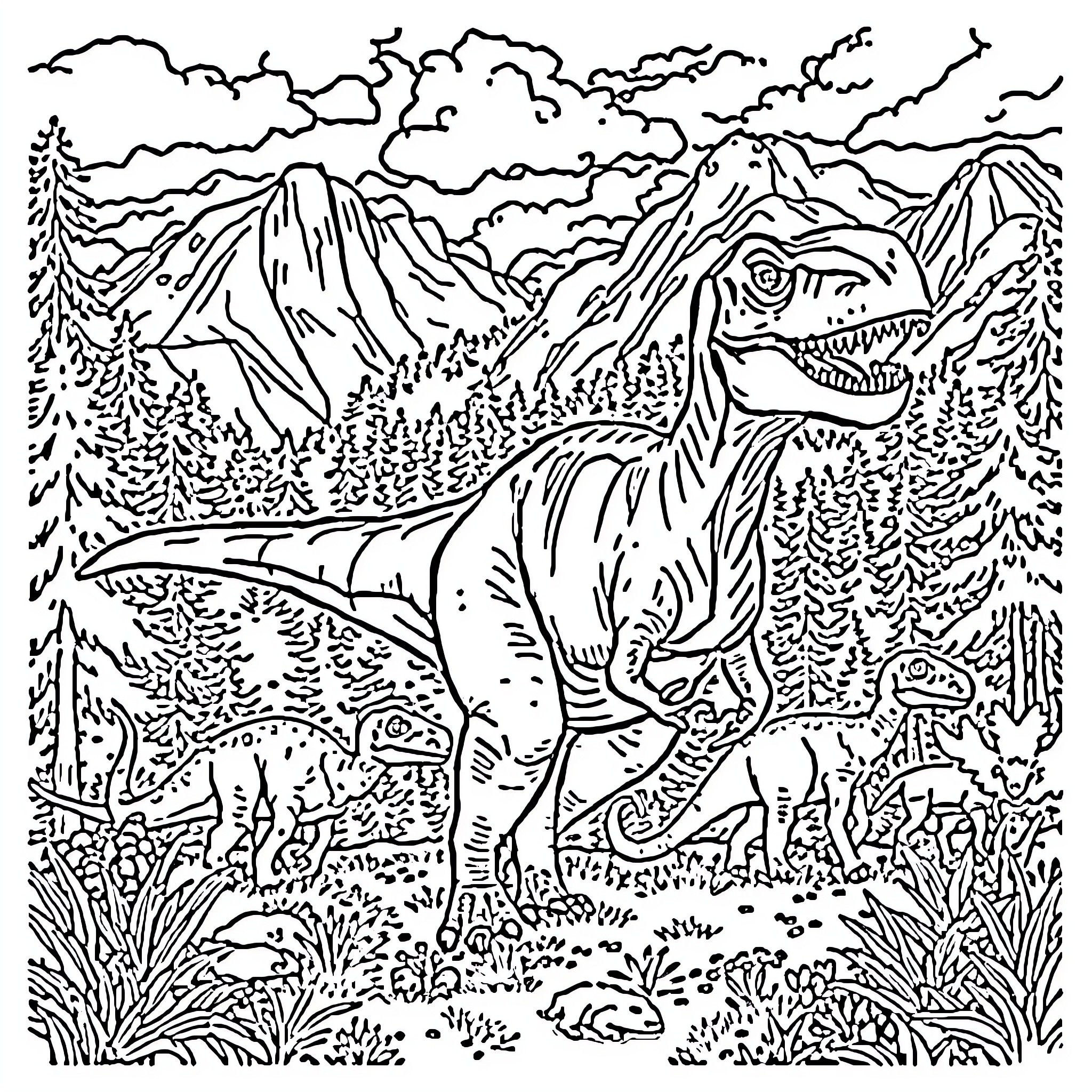 Dinosaur roaming through majestic mountain landscape Coloring Page (free black-and-white line drawing printable PDF for all, from beginners to advanced learners, including children, teens, adults, and seniors)