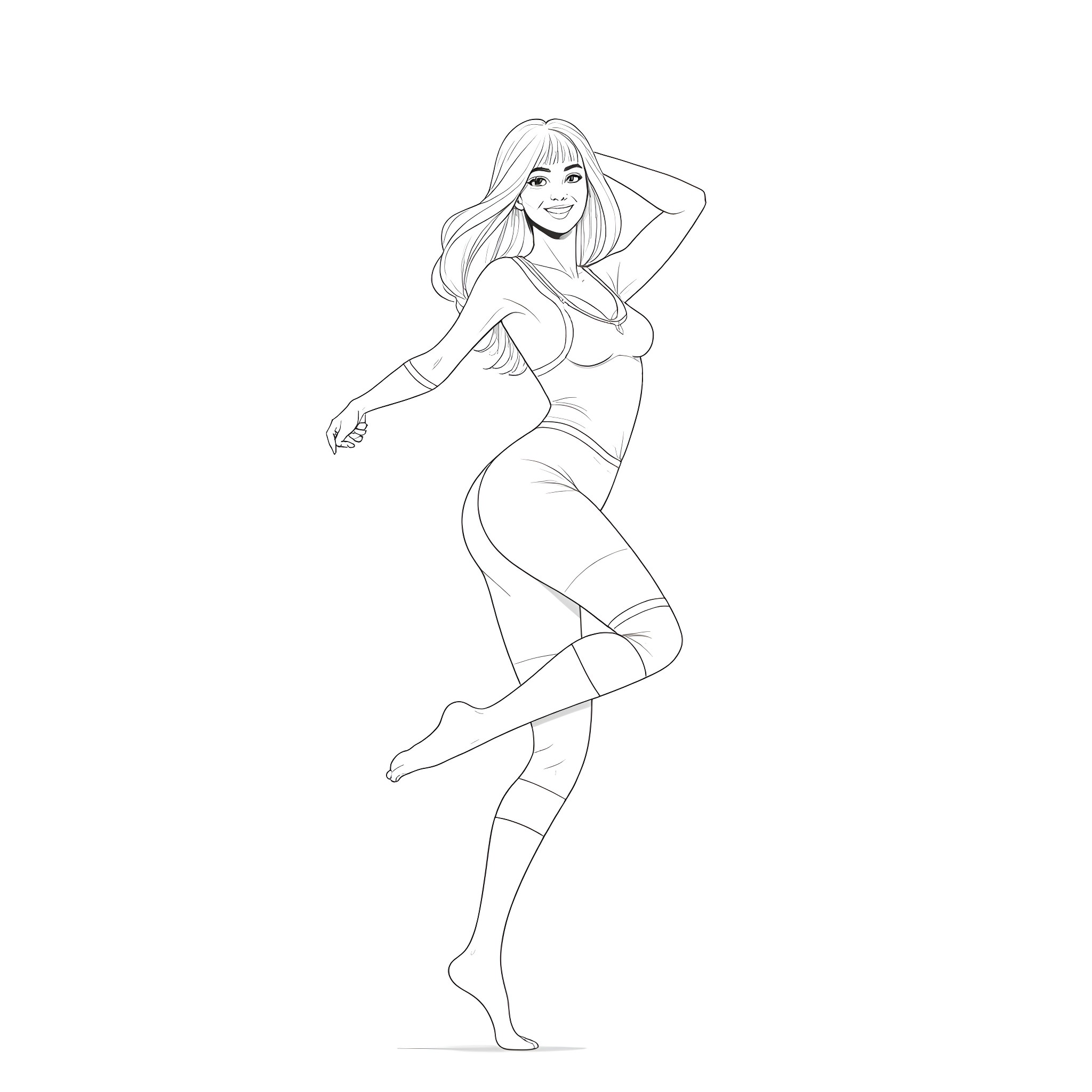 Woman dancing in athletic wear Coloring Page (free black-and-white line drawing printable PDF for all, from beginners to advanced learners, including children, teens, adults, and seniors)