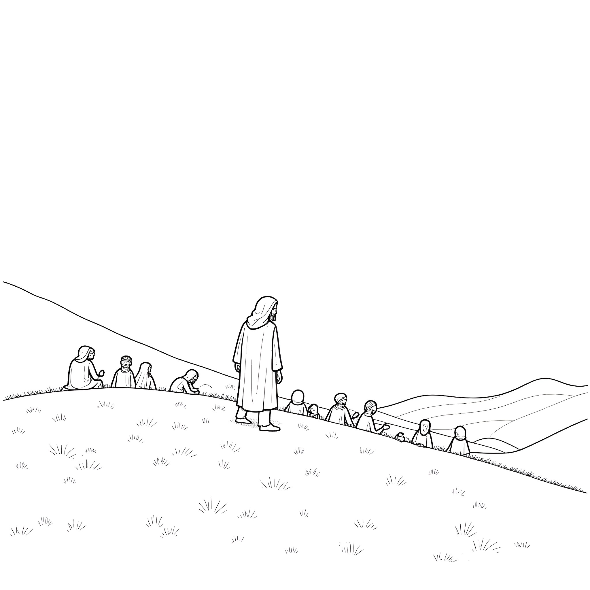 Jesus teaching a group of people in a serene outdoor setting Coloring Page (free black-and-white line drawing printable PDF for all, from beginners to advanced learners, including children, teens, adults, and seniors)