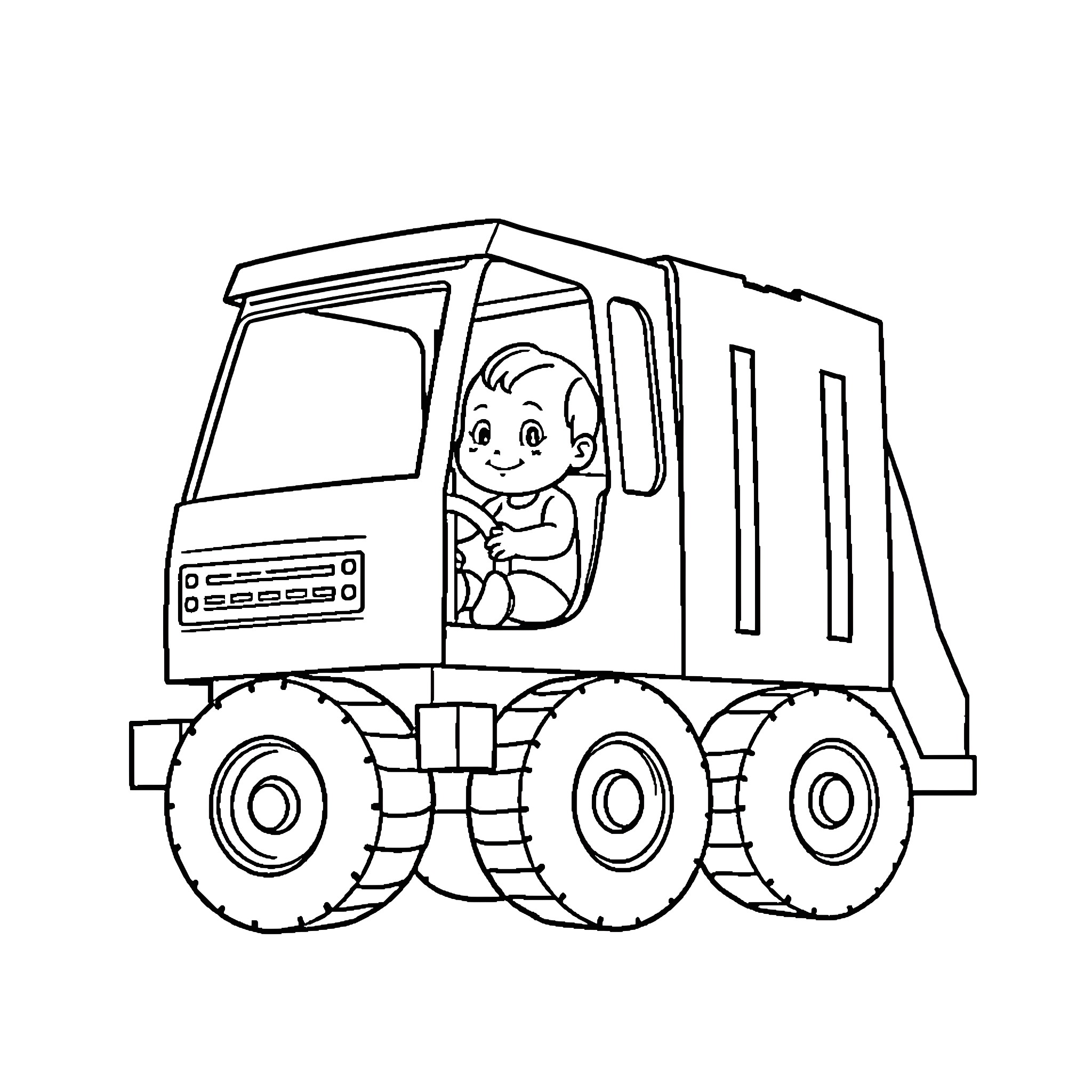 Garbage Truck Driver Smiling in the Cab Coloring Page (free black-and-white line drawing printable PDF for all, from beginners to advanced learners, including children, teens, adults, and seniors)
