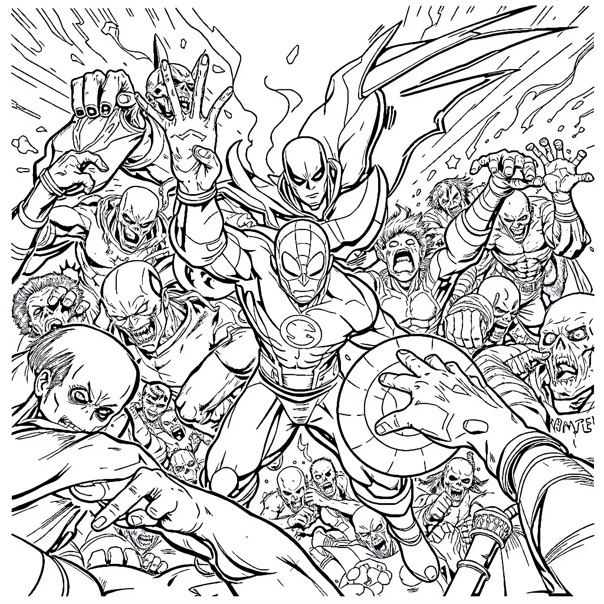 Marvel Superheroes in Epic Battle Poses Coloring Page (free black-and-white line drawing printable PDF for all, from beginners to advanced learners, including children, teens, adults, and seniors)