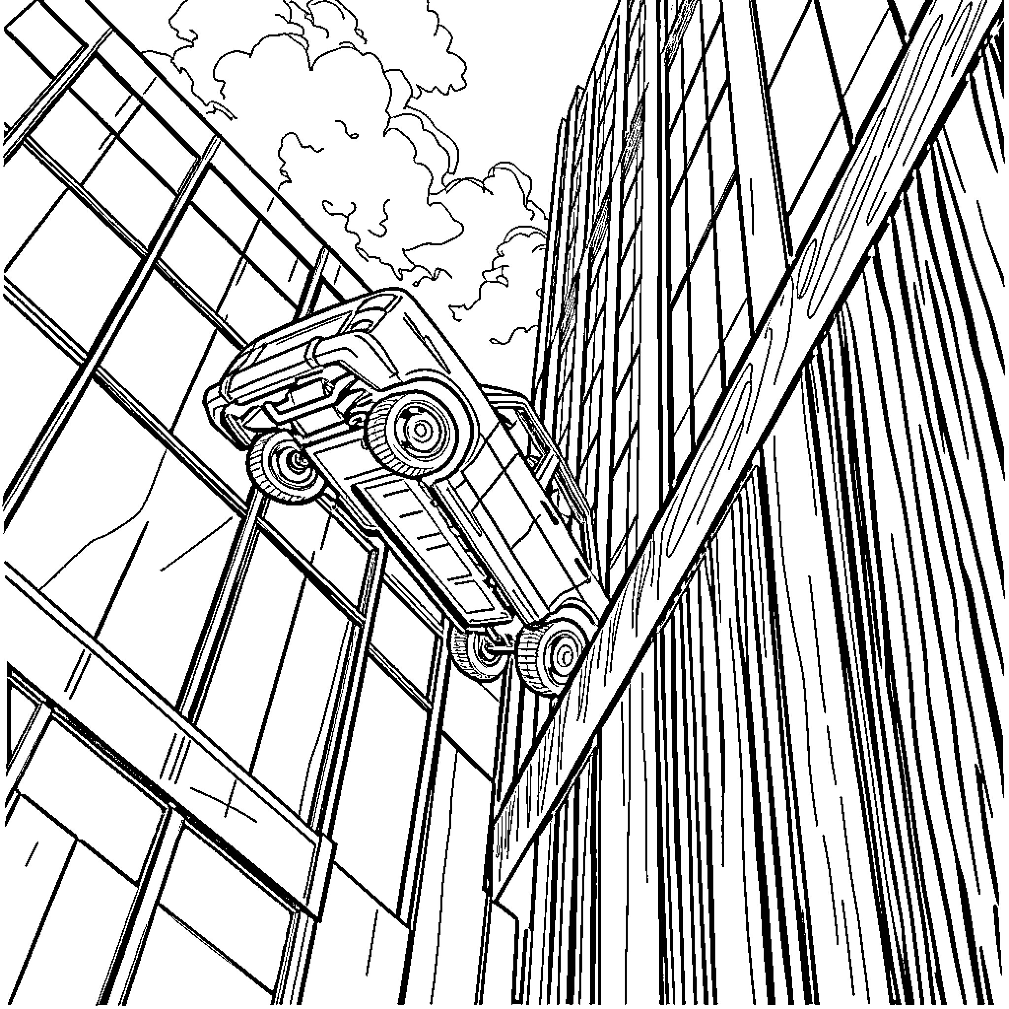 Car accident in the city Coloring Page (free black-and-white line drawing printable PDF for all, from beginners to advanced learners, including children, teens, adults, and seniors)