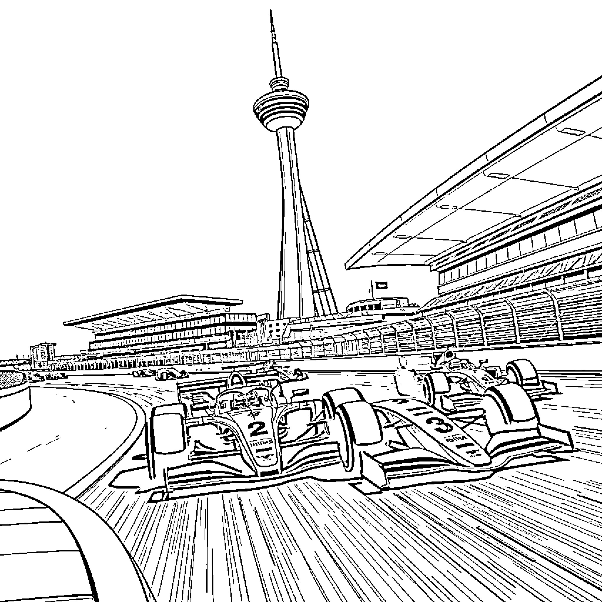 Formula One Race at Iconic City Skyline Coloring Page (free black-and-white line drawing printable PDF for all, from beginners to advanced learners, including children, teens, adults, and seniors)