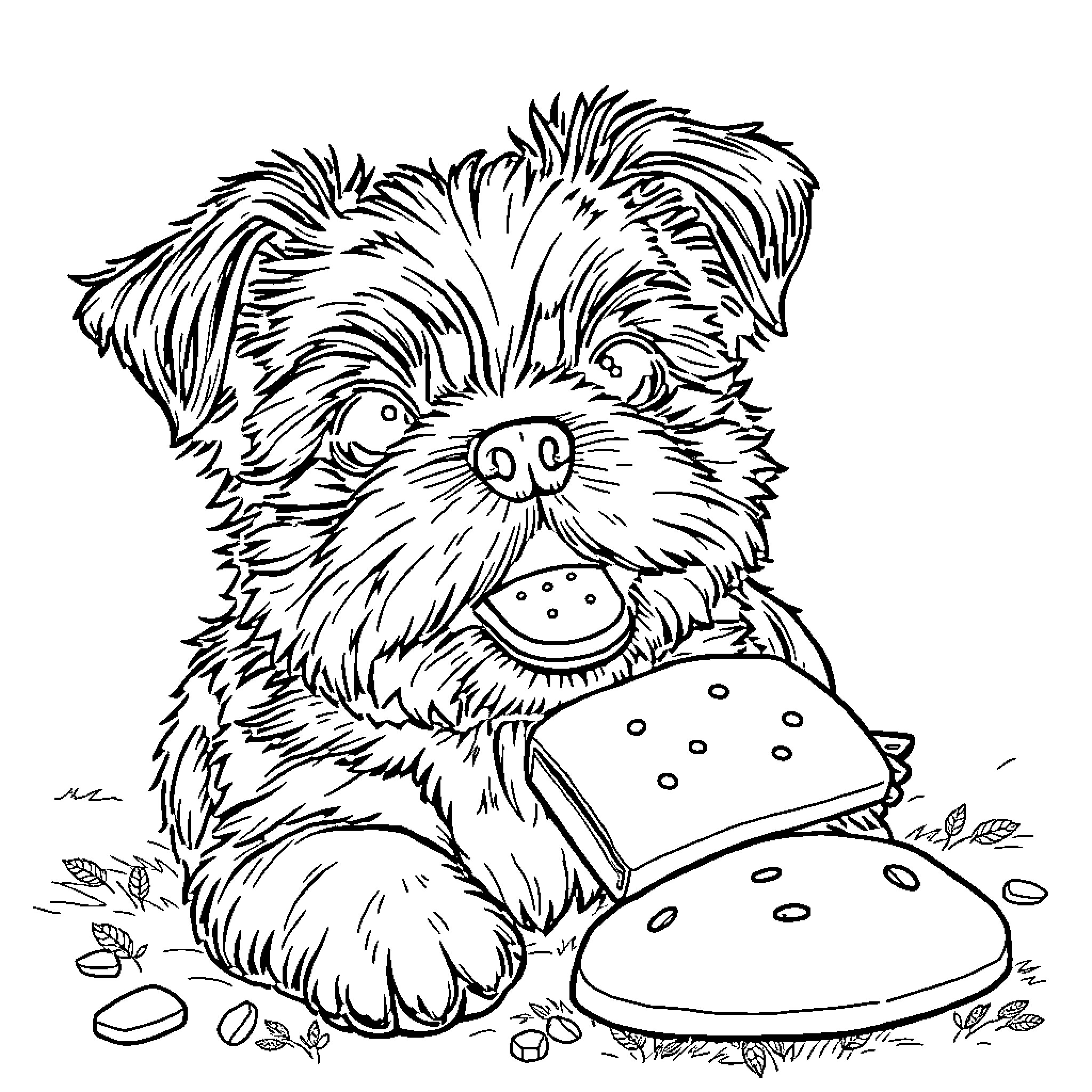 Shih Tzu enjoying a tasty snack outdoors Coloring Page (free black-and-white line drawing printable PDF for all, from beginners to advanced learners, including children, teens, adults, and seniors)