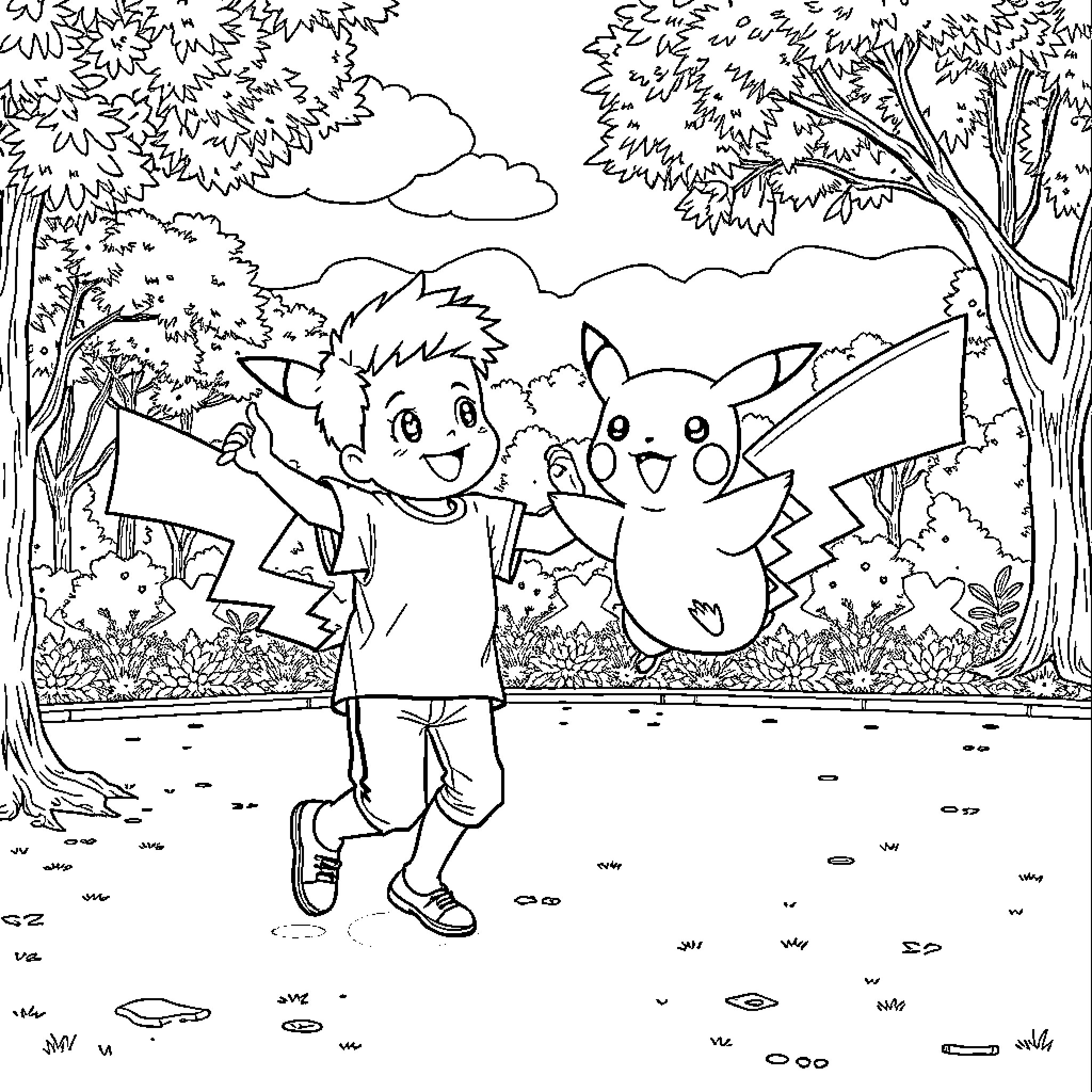 Niño playing joyfully with Pikachu in the forest Coloring Page (free black-and-white line drawing printable PDF for all, from beginners to advanced learners, including children, teens, adults, and seniors)